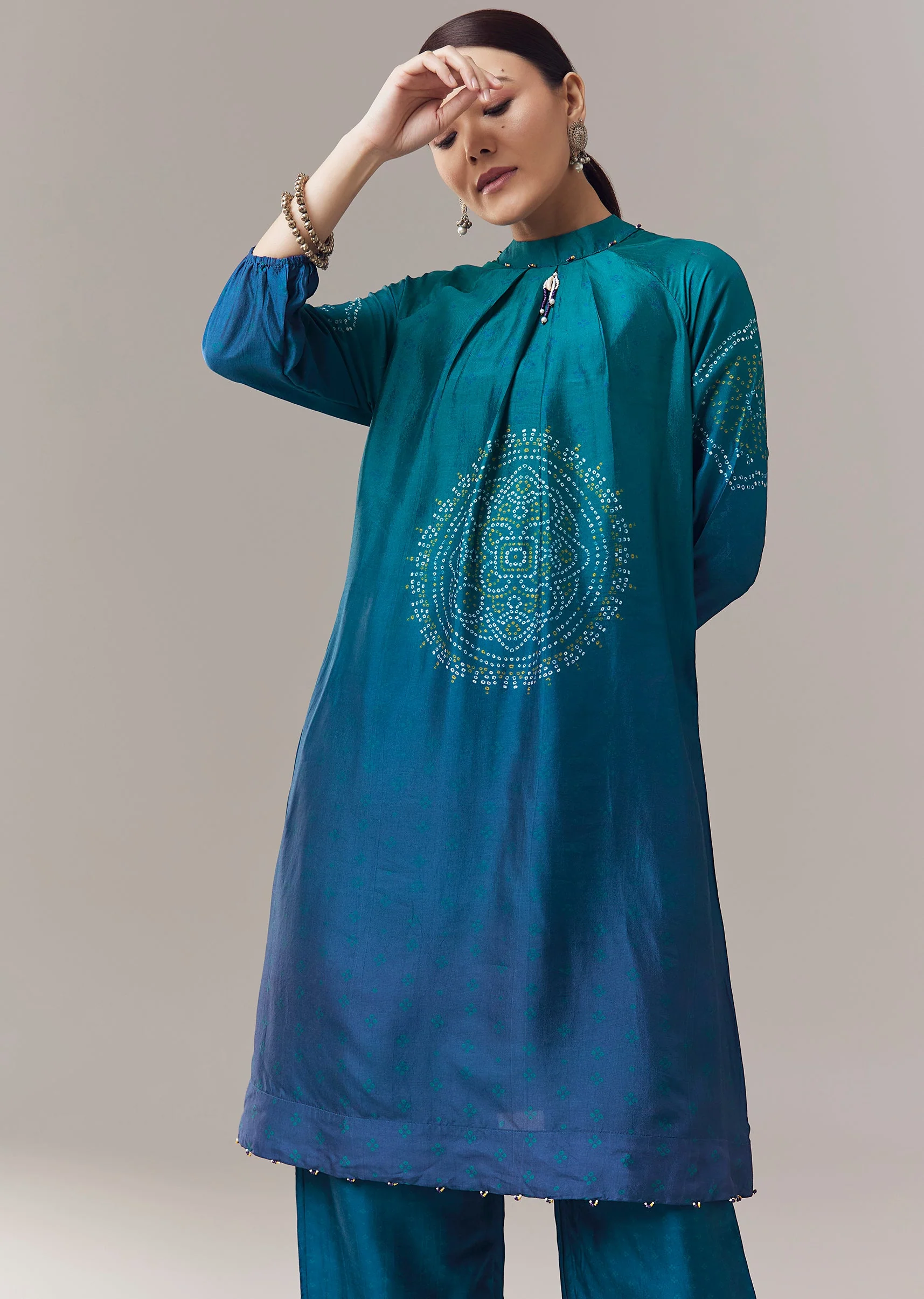 Blue Ombre Silk Coord Set With Bandhani Prints And Beads Work - Image 4