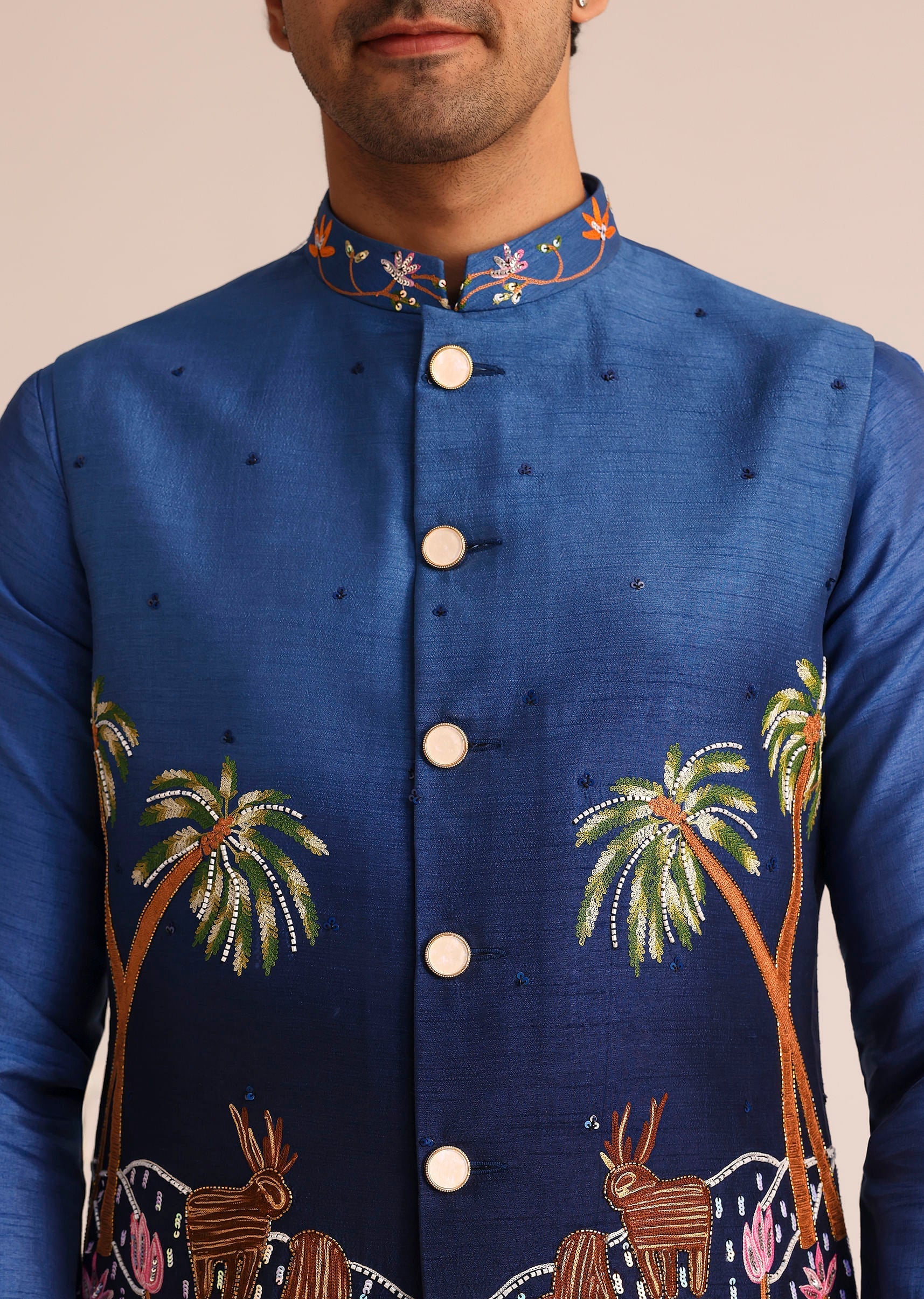 Blue Ombre Silk Jacket Set With Artistic Detailing - Image 3