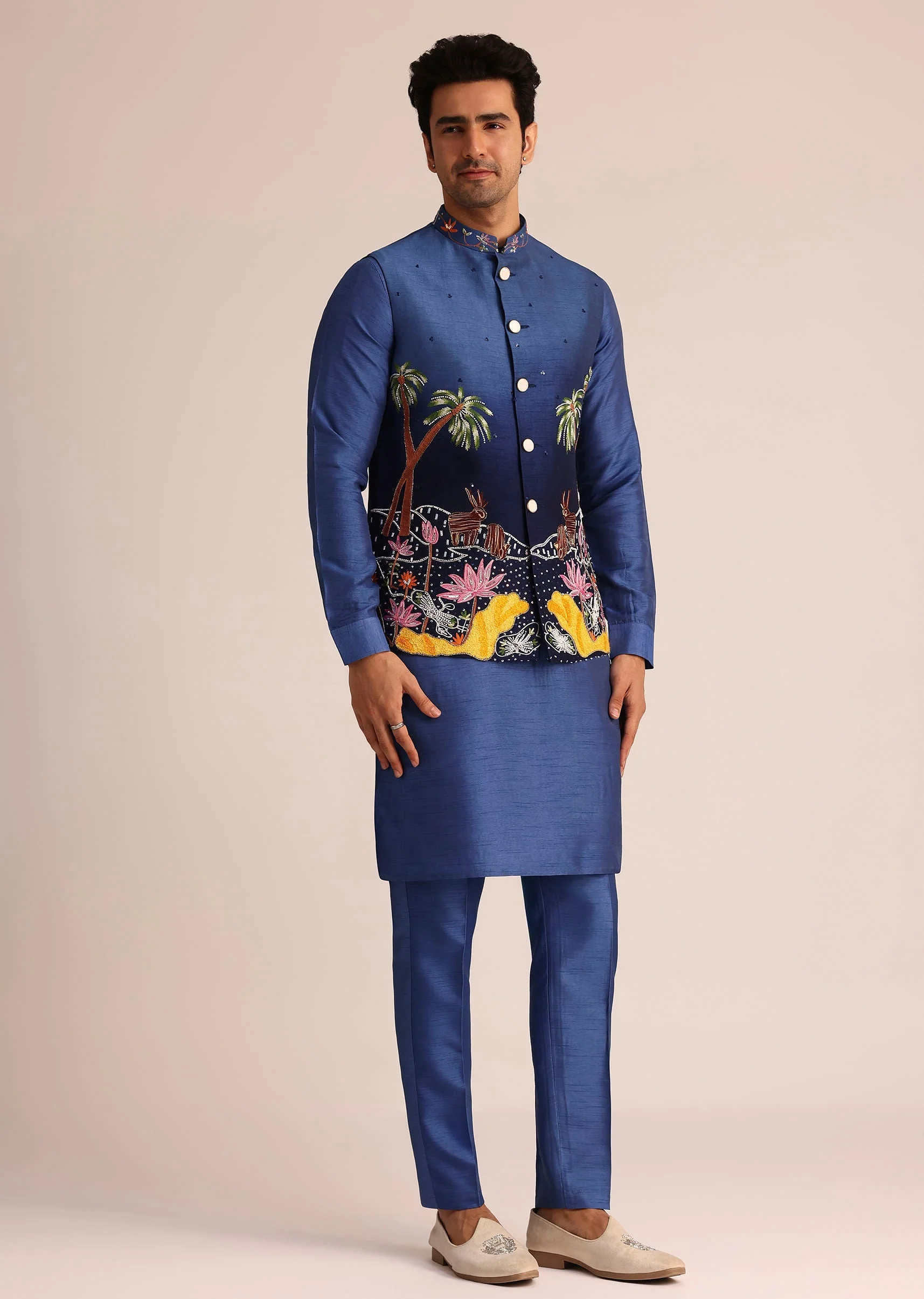 Blue Ombre Silk Jacket Set With Artistic Detailing - Image 4