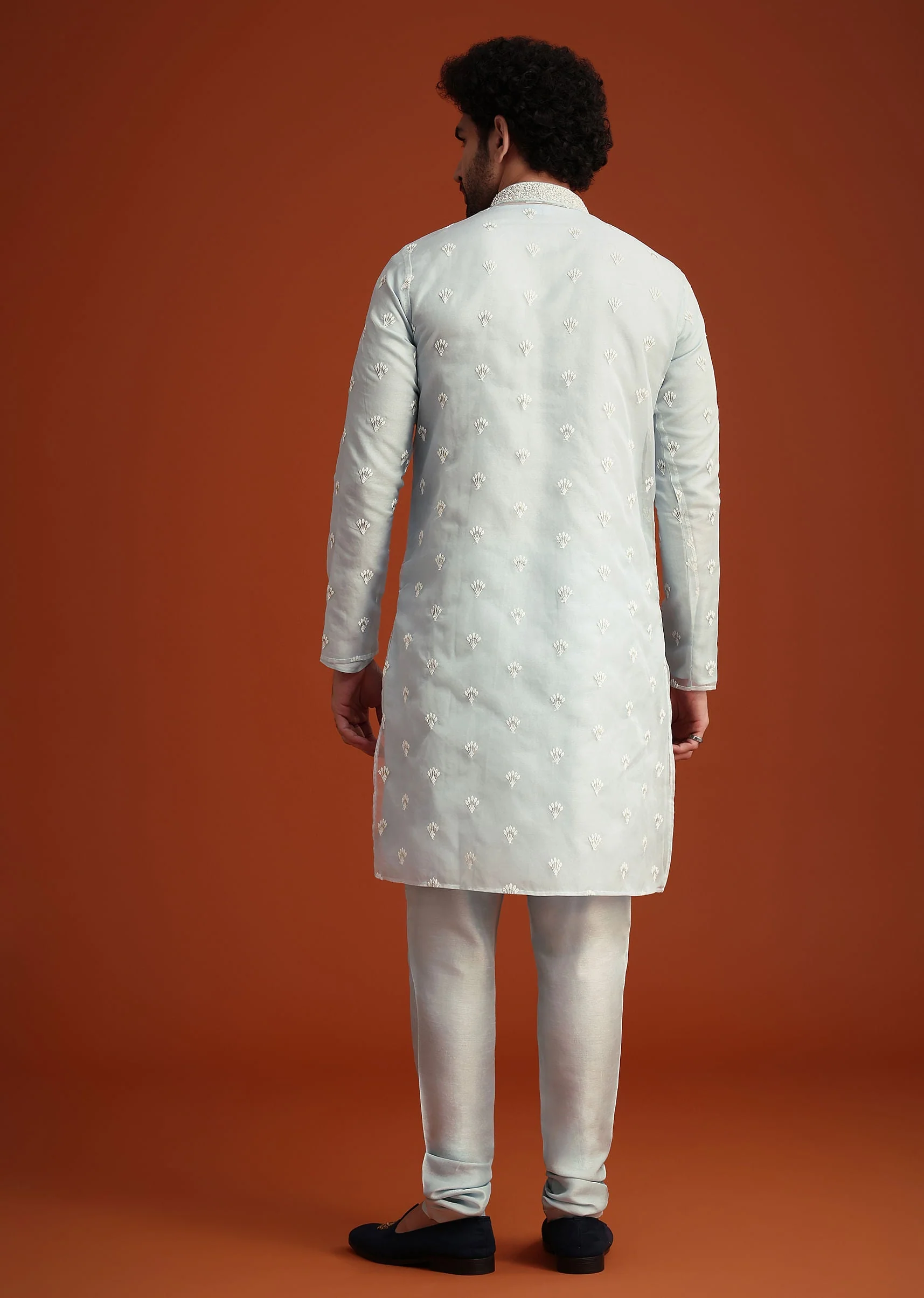Blue Organza Aligarhi Kurta With Zari Embroidery - Image 5