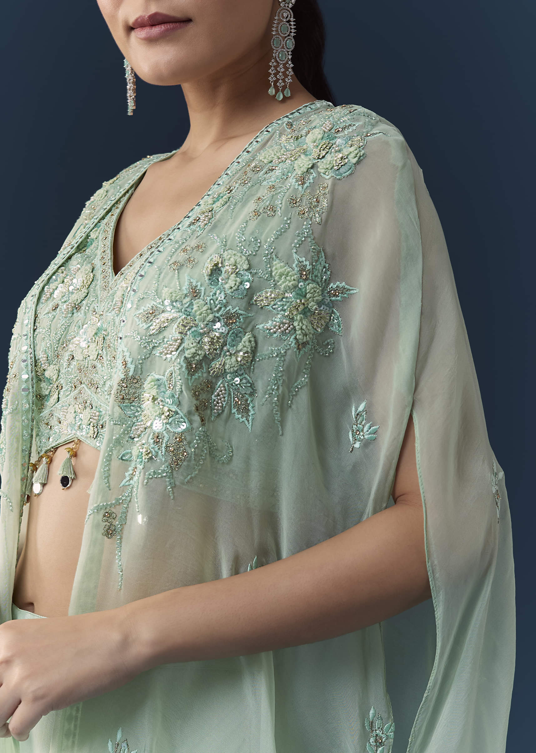 Blue Organza Embroidered Crop Top Palazzo Set with Cape - Image 2