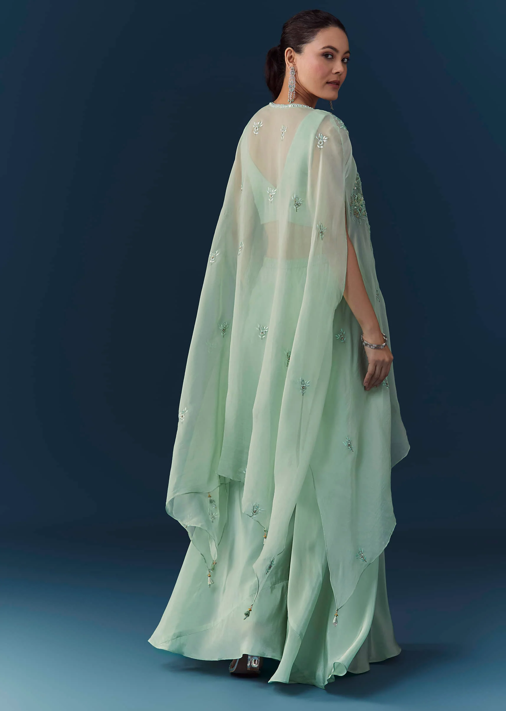 Blue Organza Embroidered Crop Top Palazzo Set with Cape - Image 5