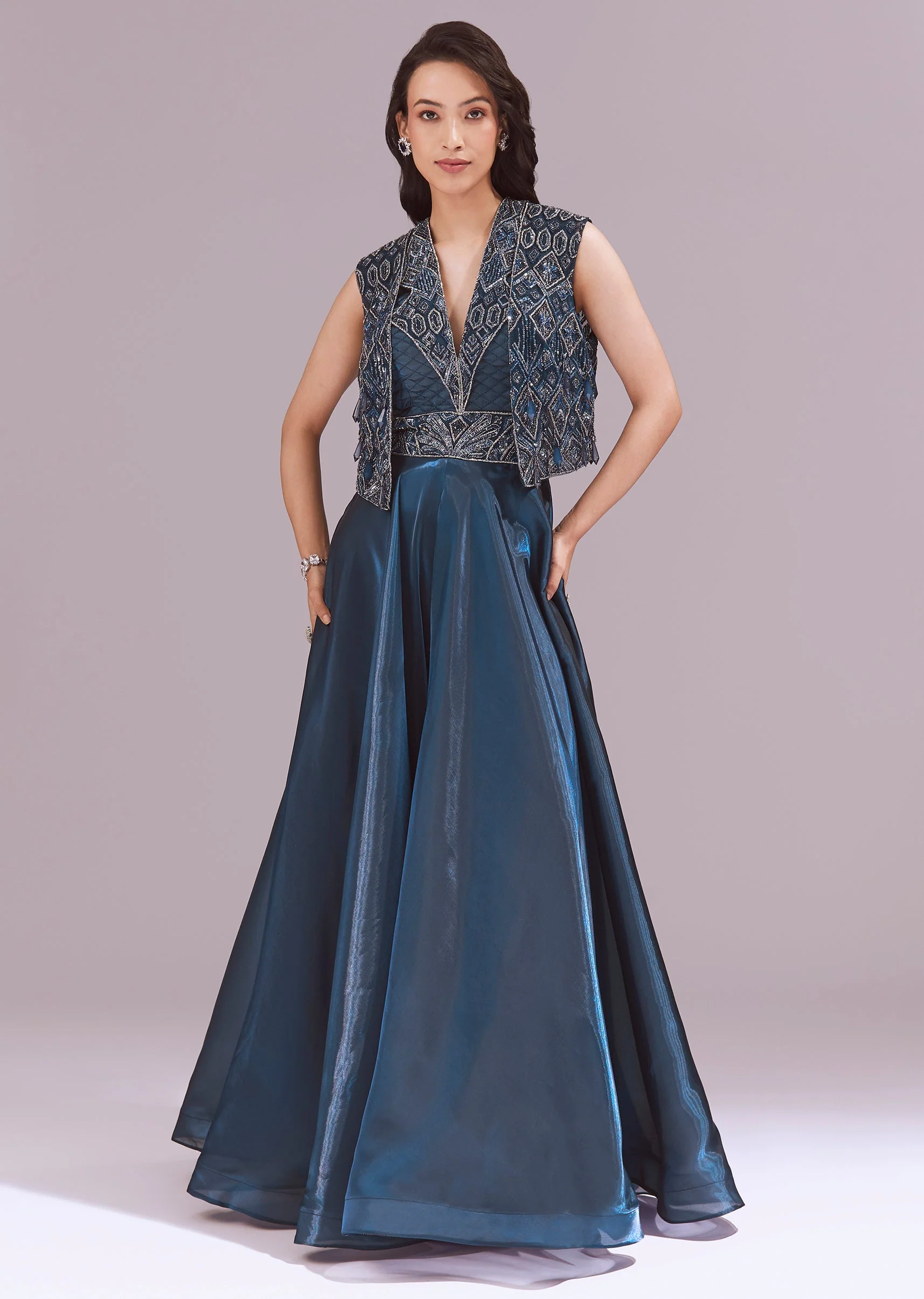 Blue Organza Jumpsuit With Jacket - Image 4