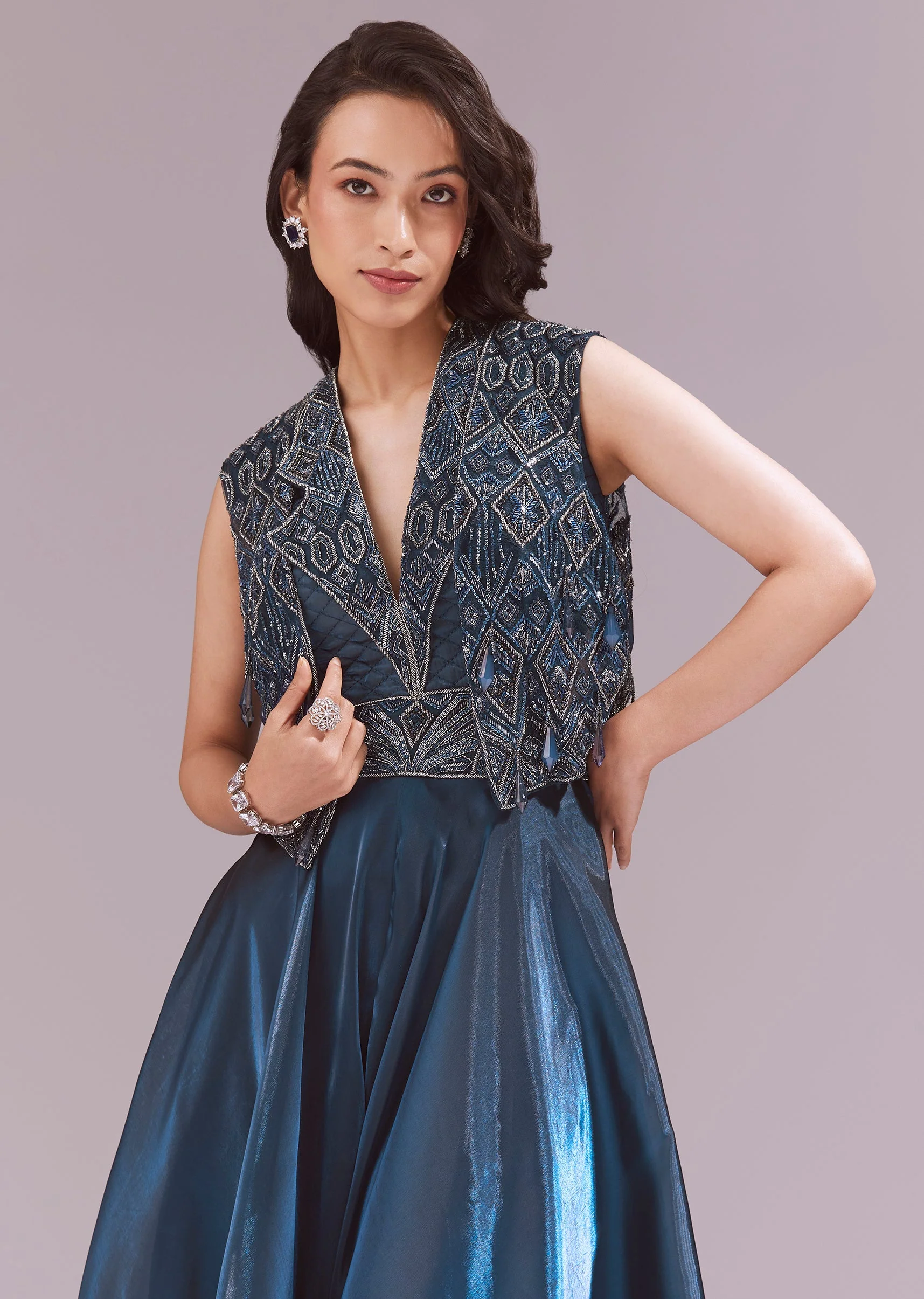 Blue Organza Jumpsuit With Jacket - Image 5