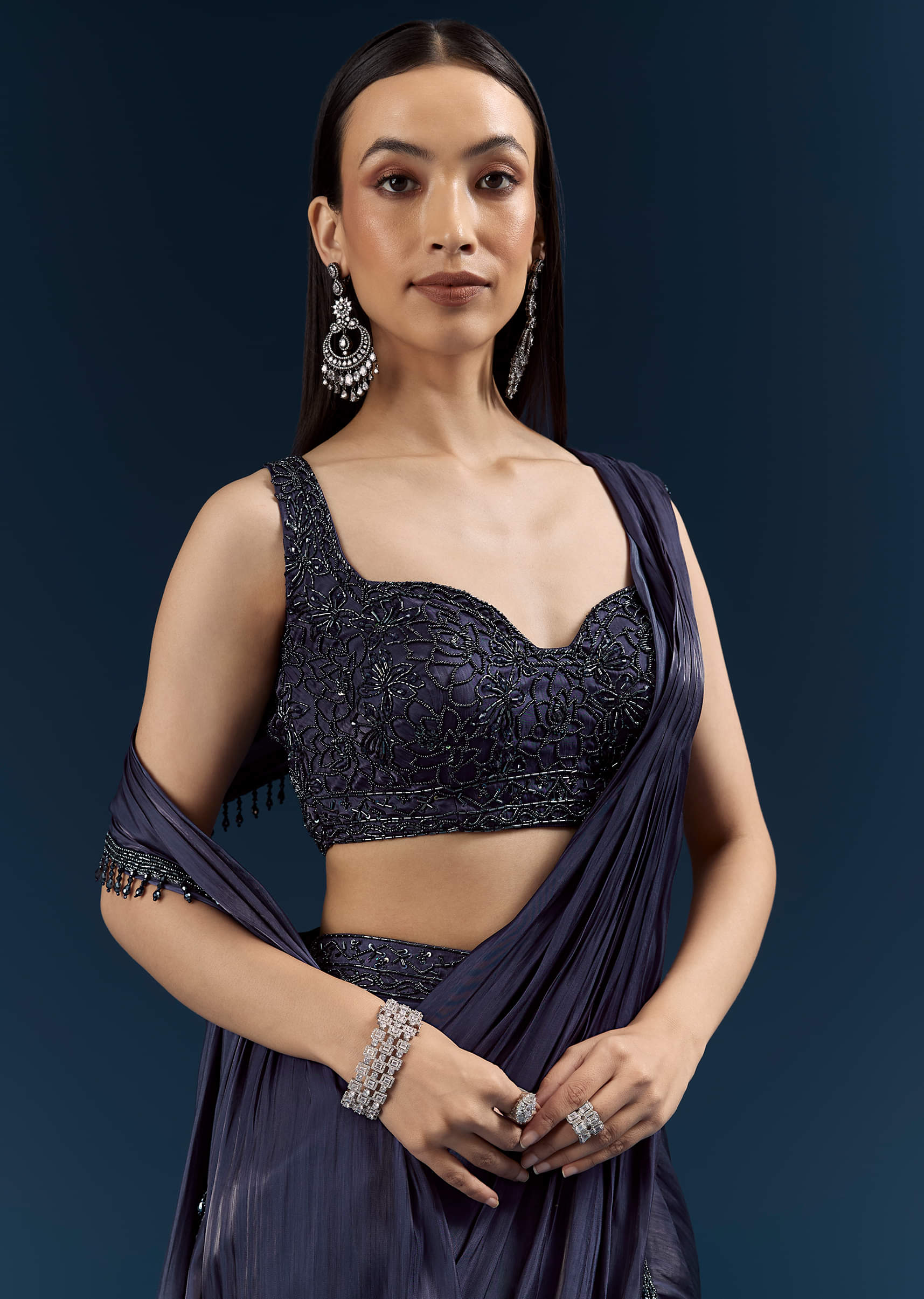 Blue Organza Ready Pleated Saree With Heavy Embroidery - Image 2