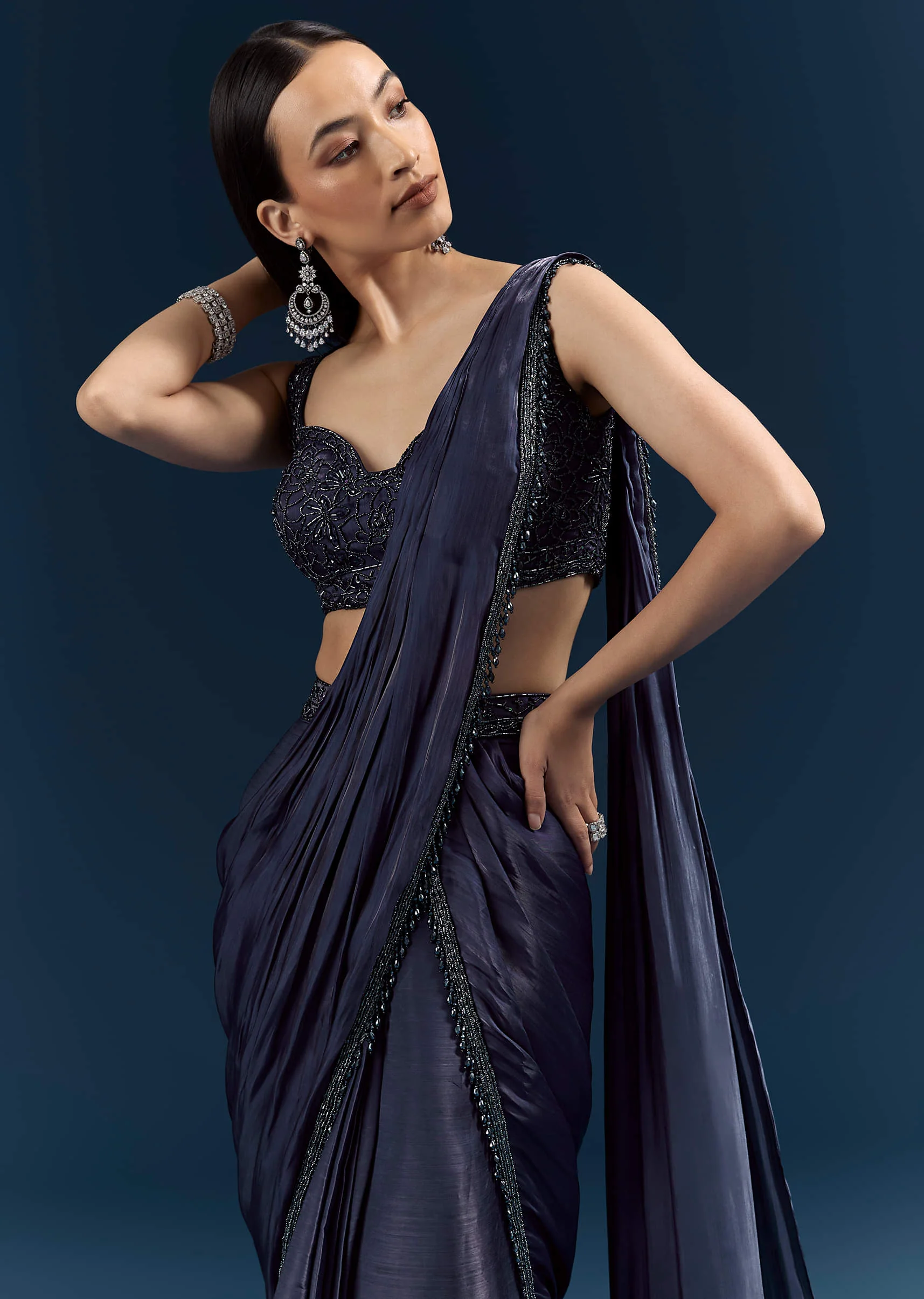 Blue Organza Ready Pleated Saree With Heavy Embroidery - Image 3