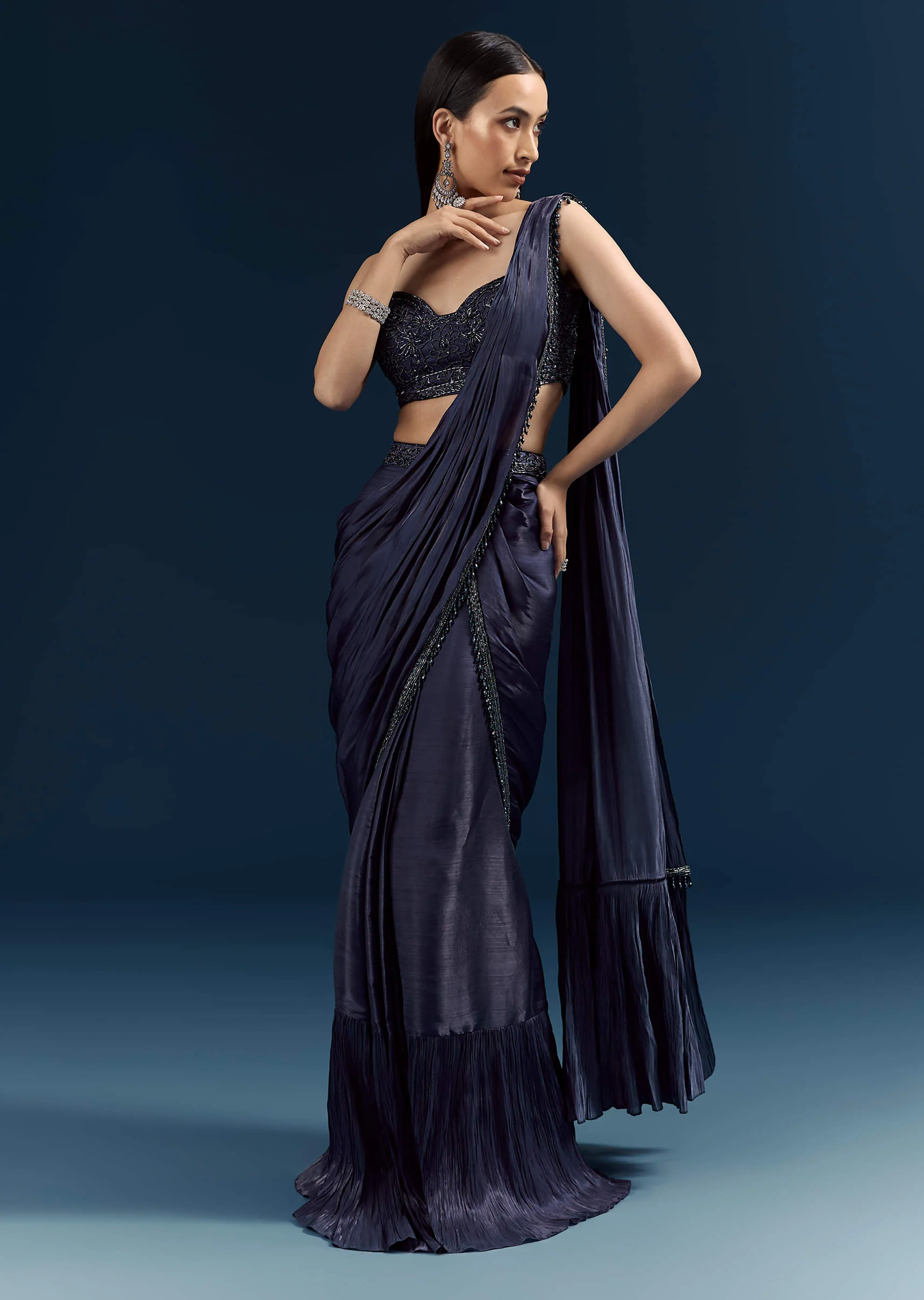Blue Organza Ready Pleated Saree With Heavy Embroidery - Image 4