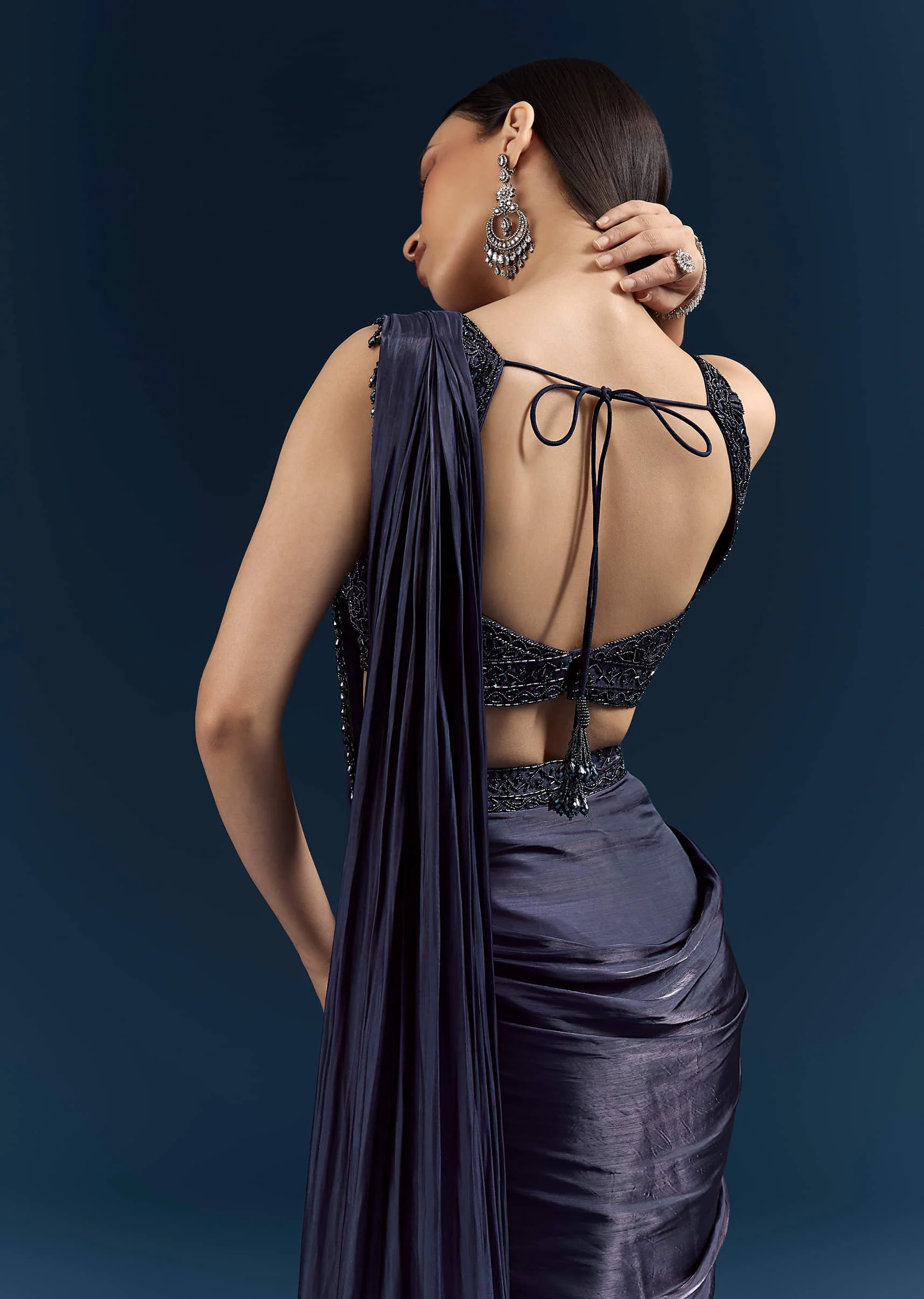 Blue Organza Ready Pleated Saree With Heavy Embroidery - Image 5