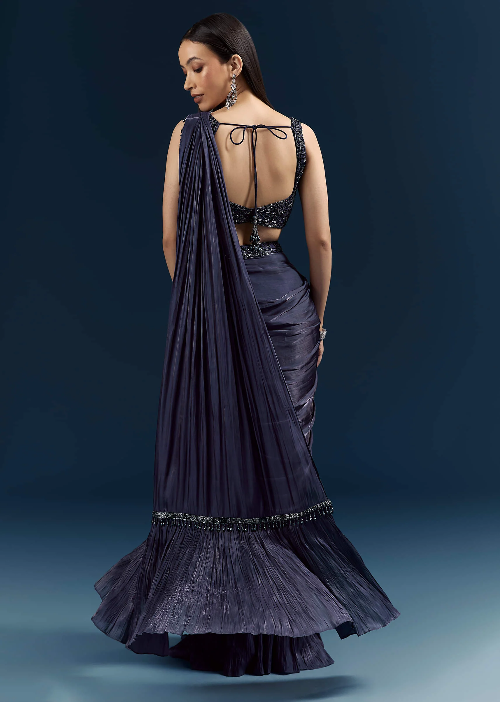 Blue Organza Ready Pleated Saree With Heavy Embroidery - Image 6