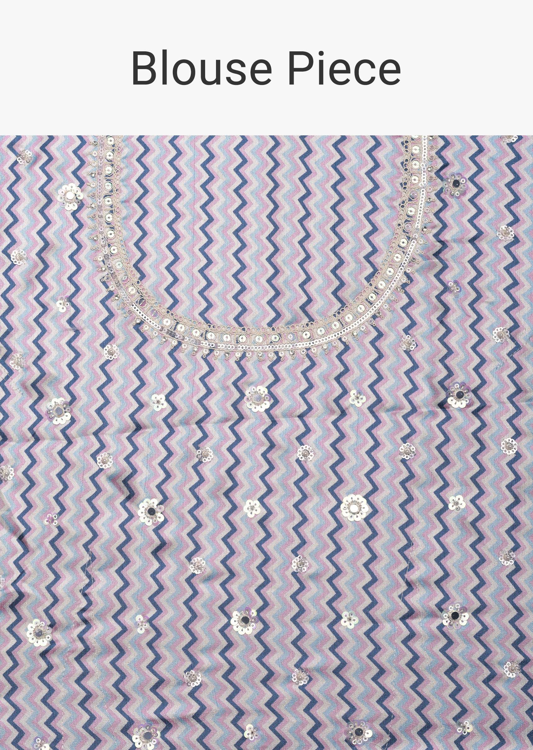 Blue Organza Striped Saree With Mirror Work And Unstitched Blouse Piece - Image 10