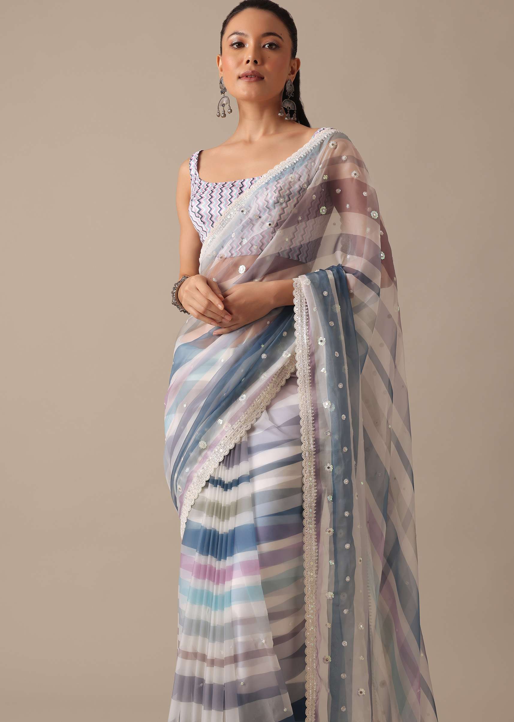 Blue Organza Striped Saree With Mirror Work And Unstitched Blouse Piece - Image 2
