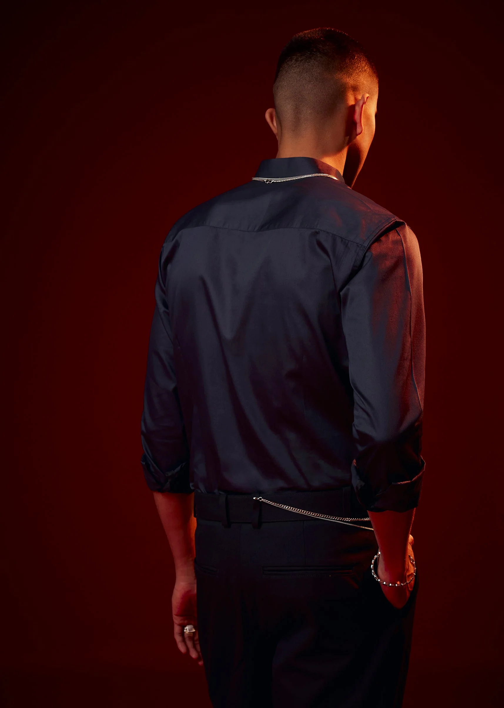 Blue Patch Work Embellished Mandarin Collar Shirt - Image 5