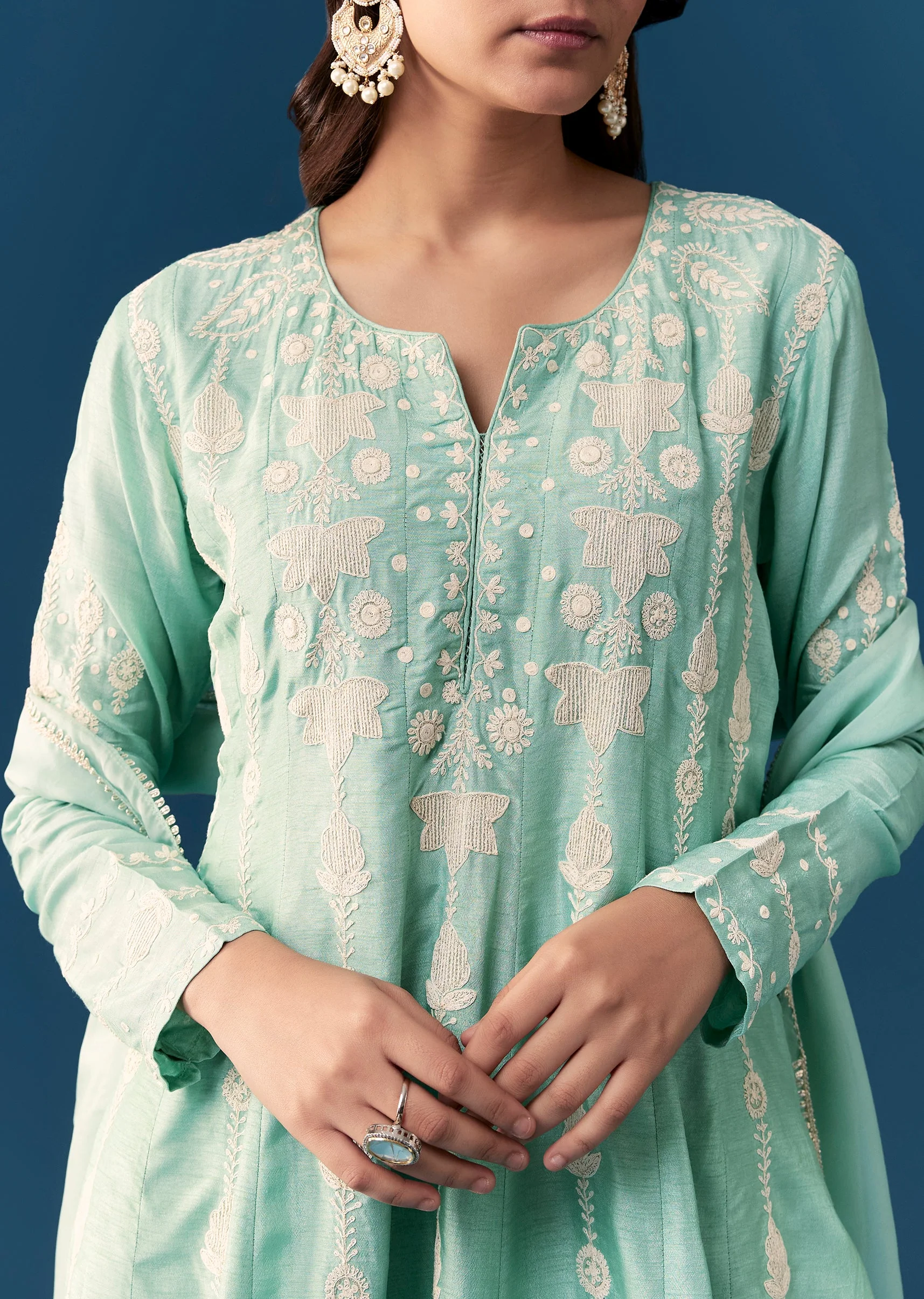 Blue Peplum Pakistani Style Anarkali Suit Thread Work With Dupatta - Image 2