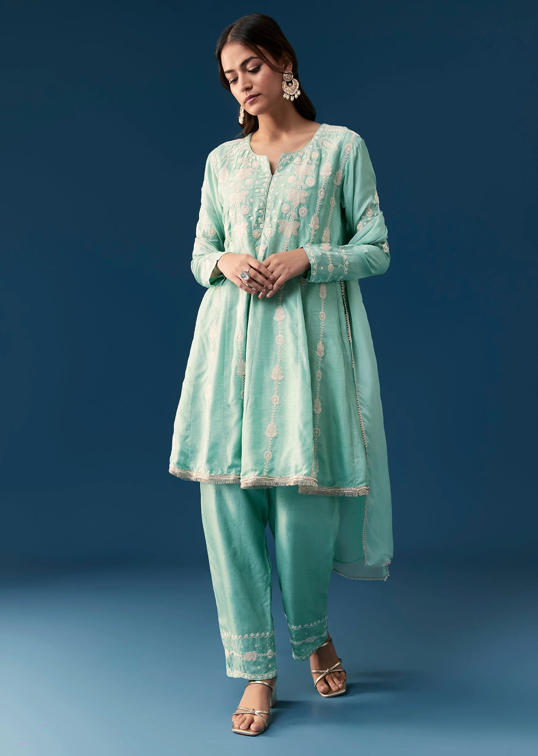Blue Peplum Pakistani Style Anarkali Suit Thread Work With Dupatta - Image 3