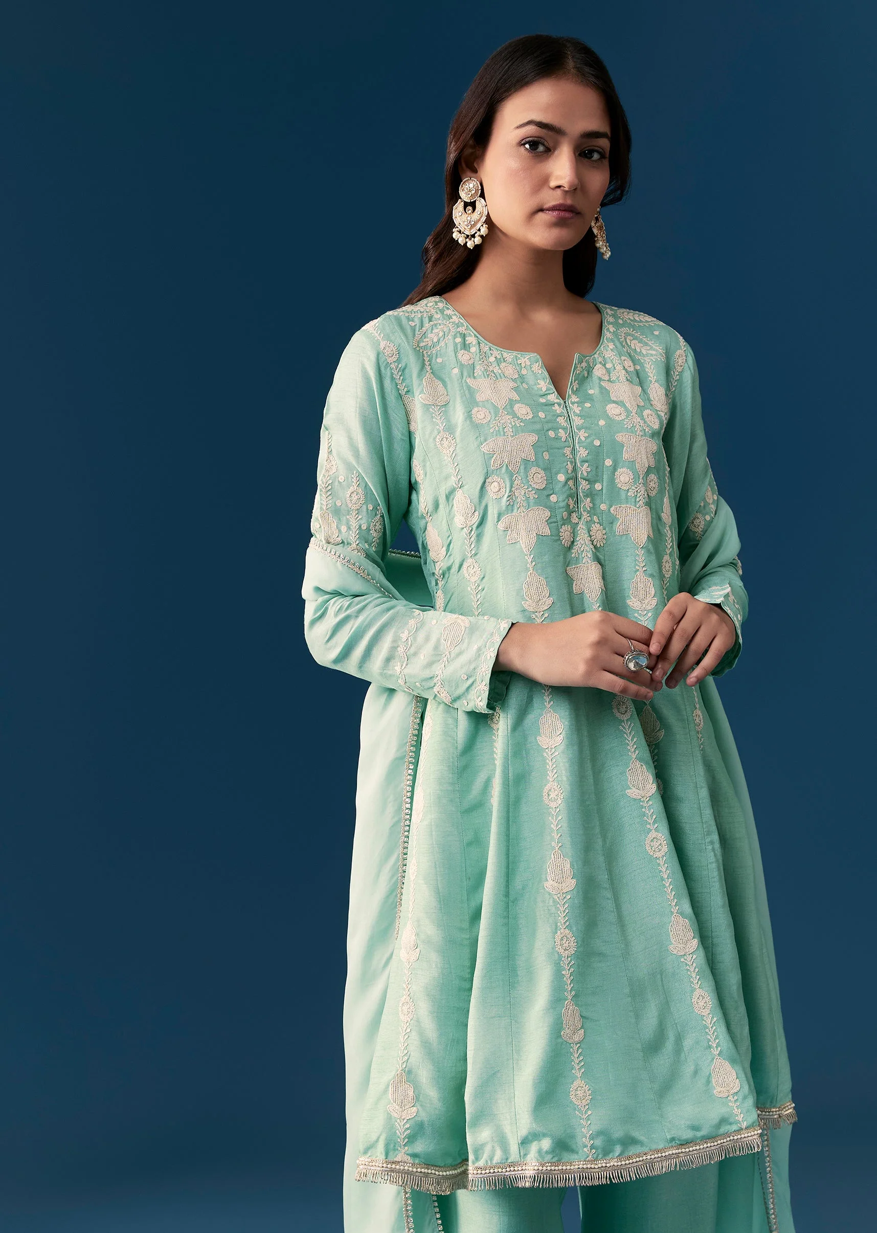 Blue Peplum Pakistani Style Anarkali Suit Thread Work With Dupatta - Image 4