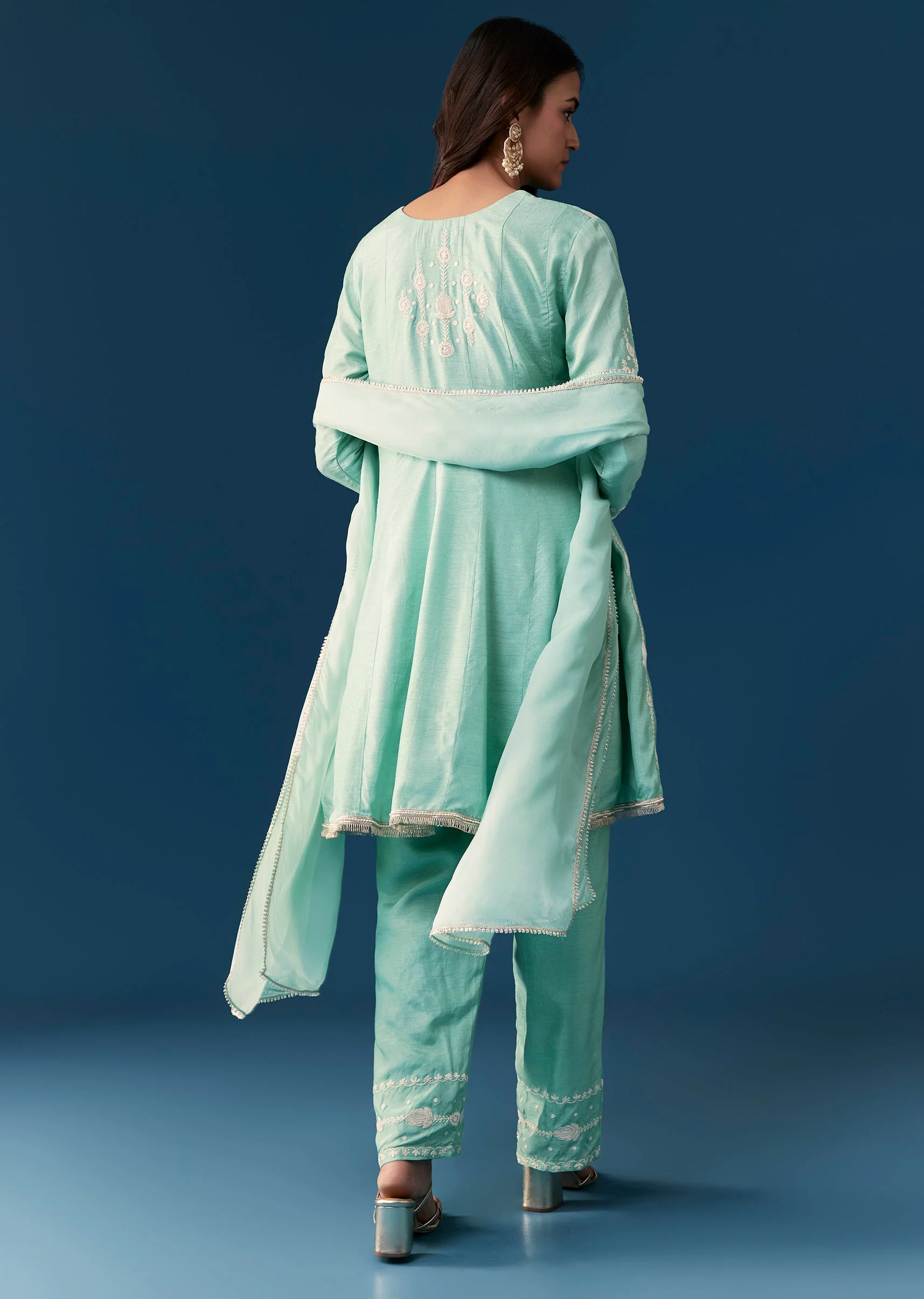 Blue Peplum Pakistani Style Anarkali Suit Thread Work With Dupatta - Image 5