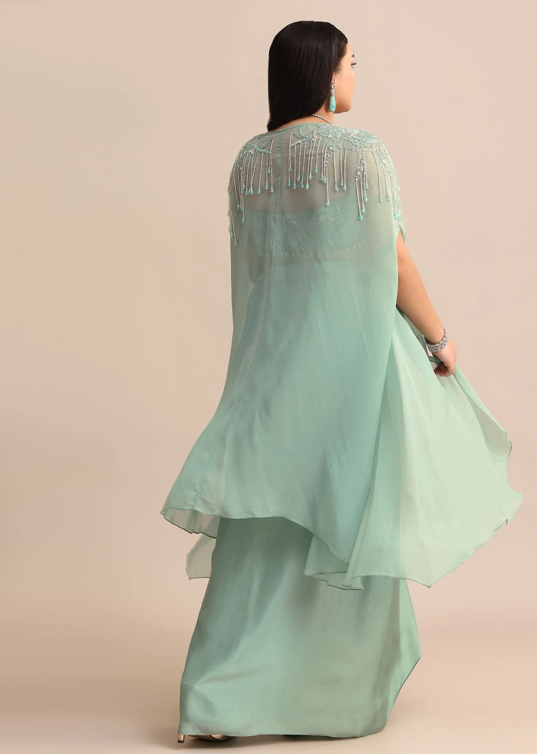 Blue Pleated Drape Skirt And Embellished Cape With Tassels - Image 5