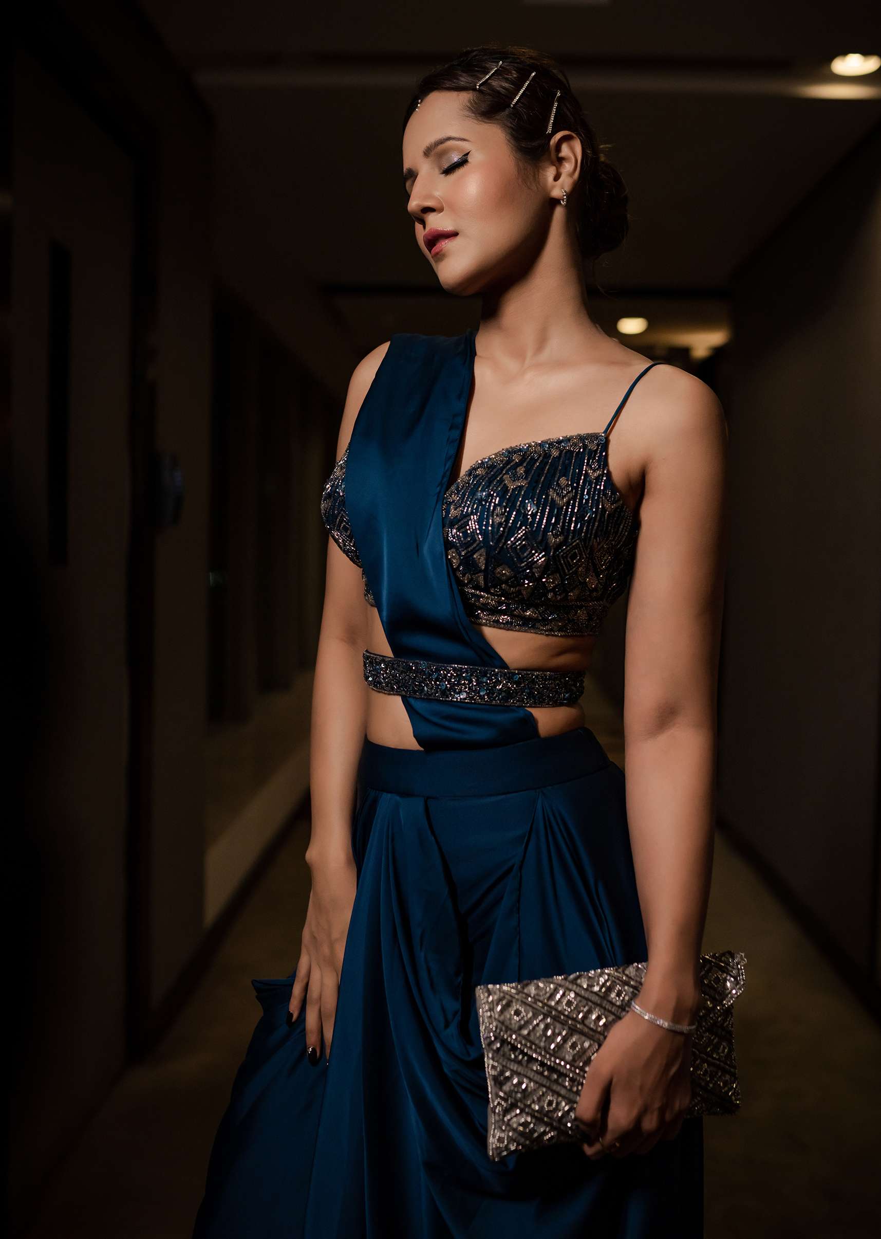 Persian Blue Pre-Pleated Satin Saree With Embroidered Blouse And Belt - Image 2