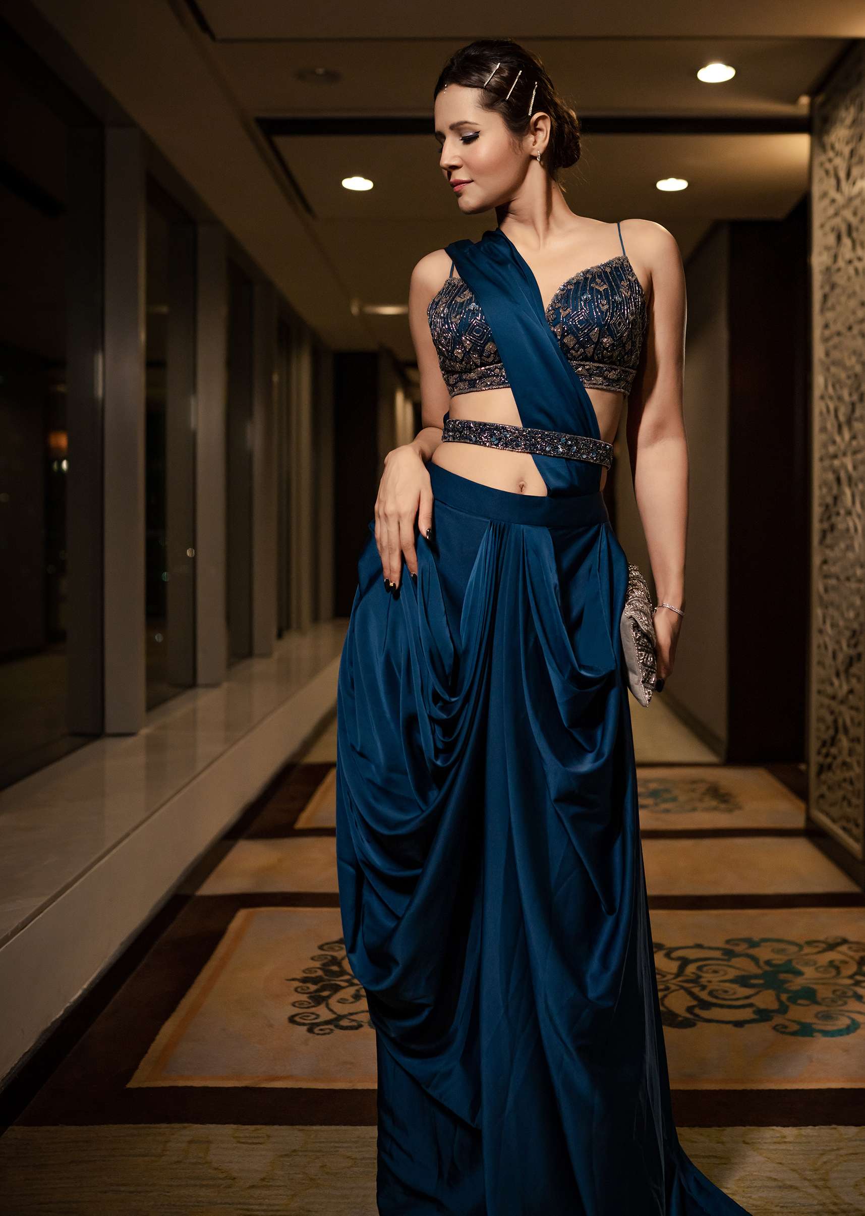 Persian Blue Pre-Pleated Satin Saree With Embroidered Blouse And Belt - Image 3
