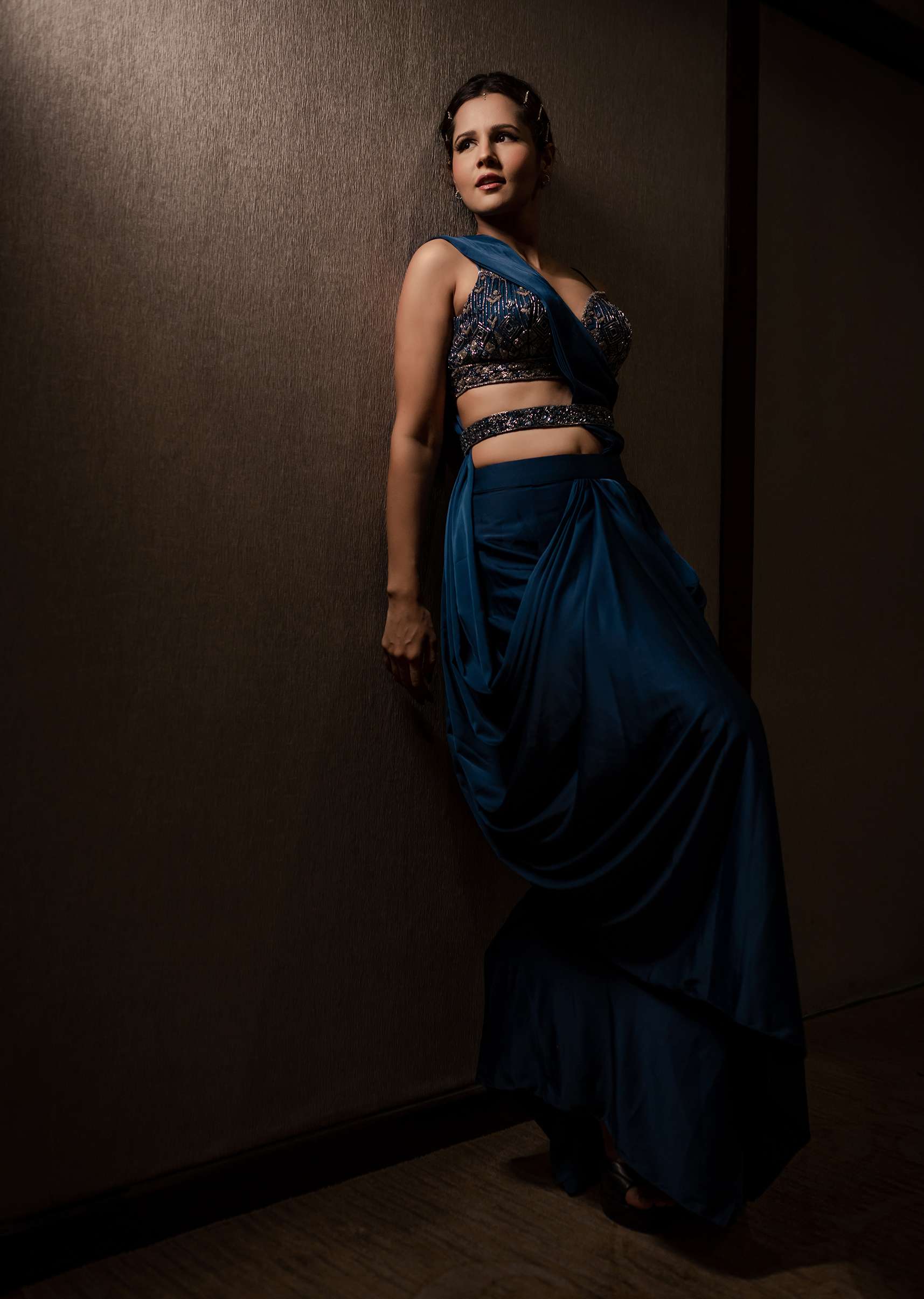 Persian Blue Pre-Pleated Satin Saree With Embroidered Blouse And Belt - Image 5