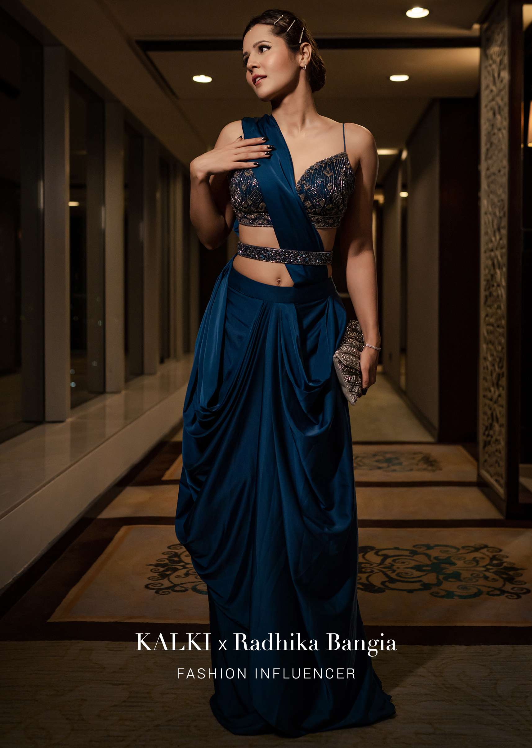 Persian Blue Pre-Pleated Satin Saree With Embroidered Blouse And Belt - Image 6