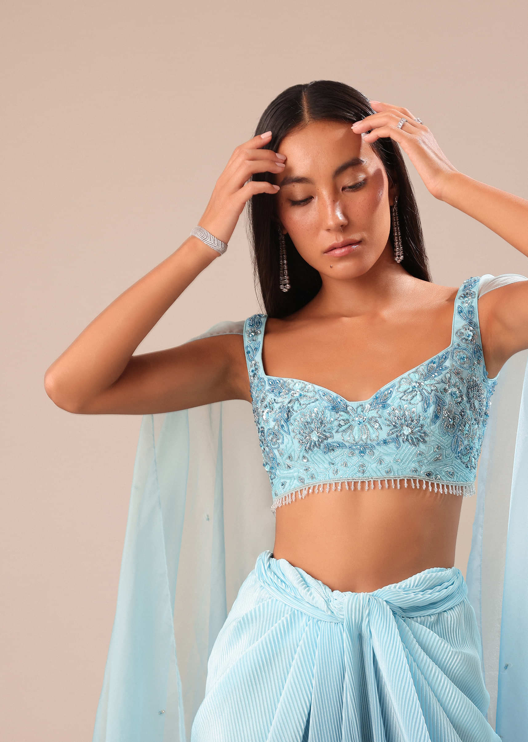 Blue Pre Pleated Twisted Skirt And Blouse With Attched Cape - Image 3