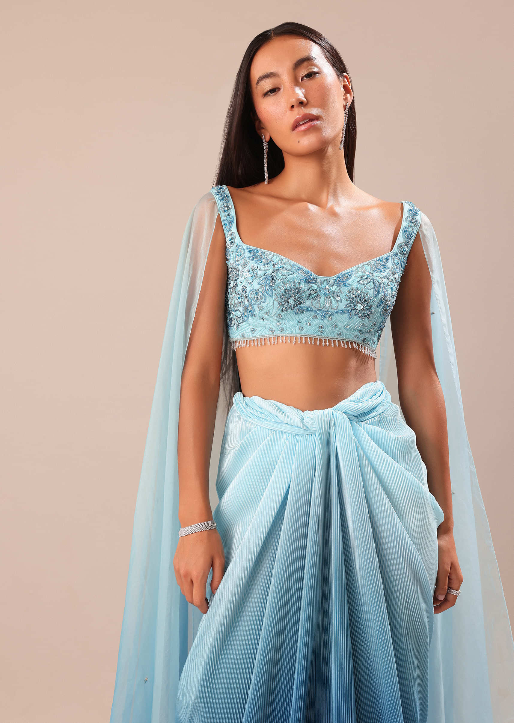 Blue Pre Pleated Twisted Skirt And Blouse With Attched Cape - Image 5