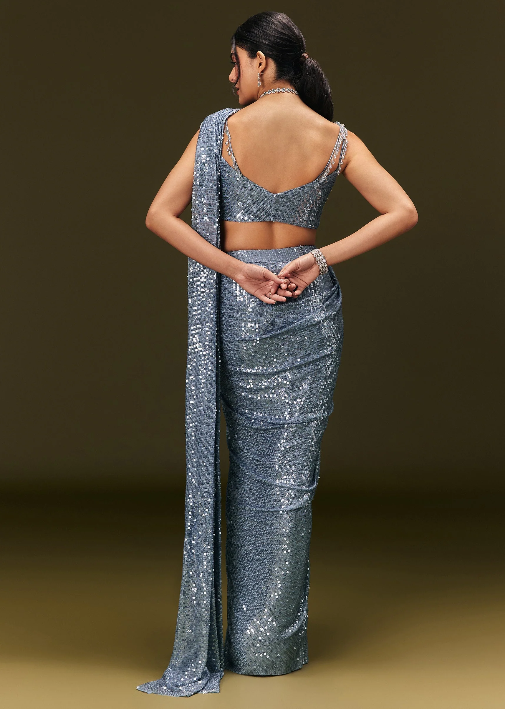 Blue Pre Stitched Saree With Sequin Stone Work - Image 5