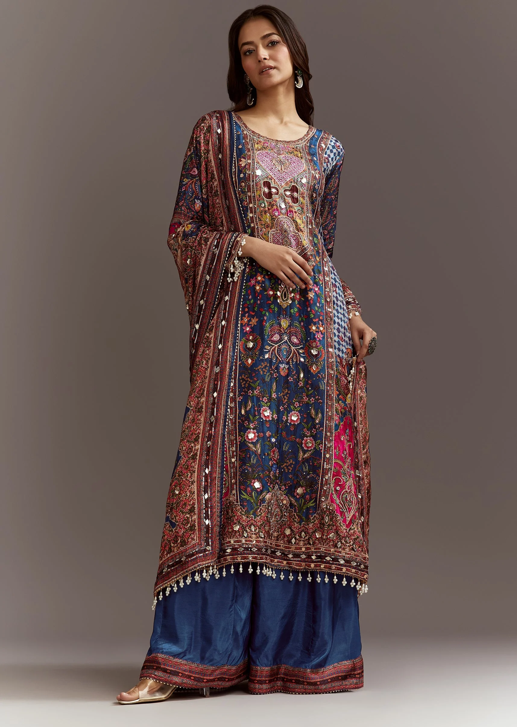 Blue Printed Gotta Lace Sequin Kurta Set With Floral Print Dupatta - Image 4