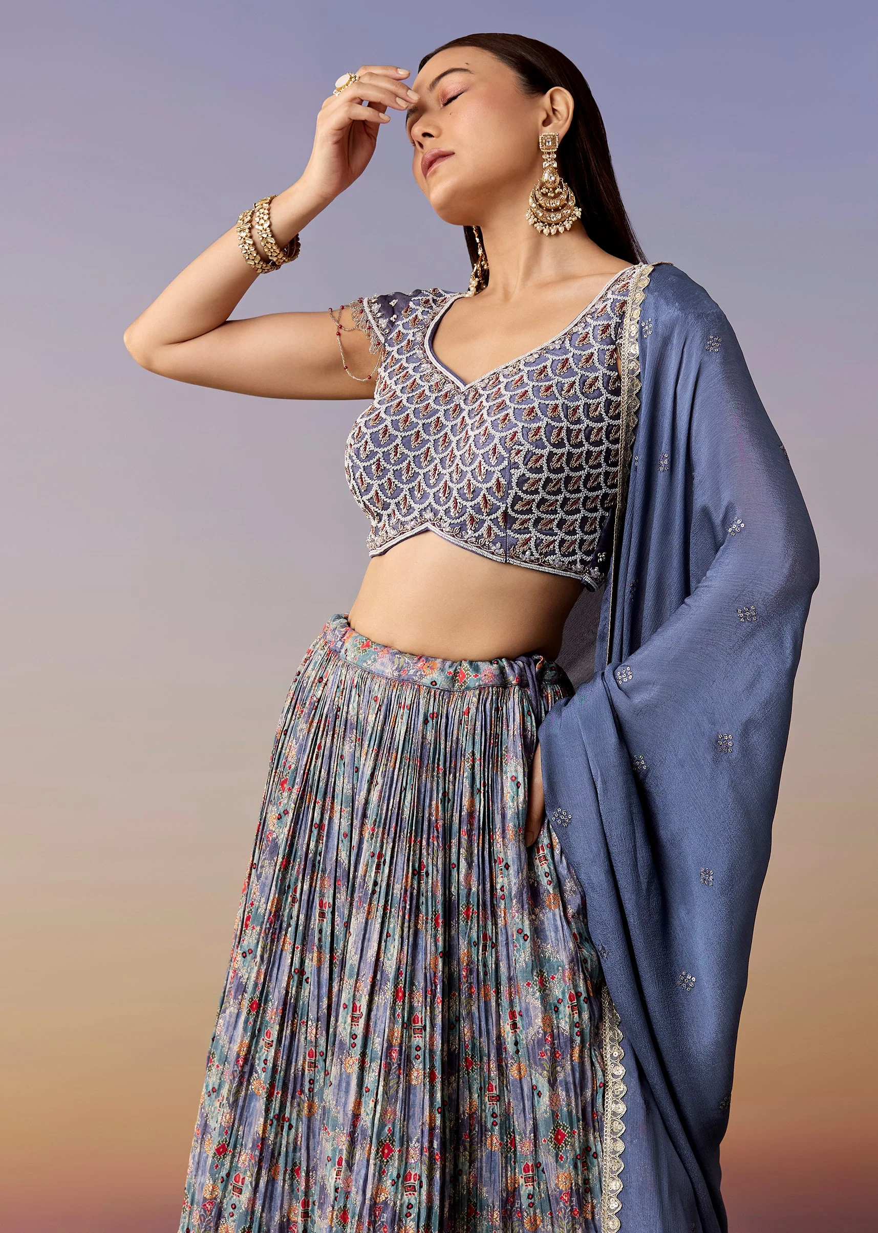 Blue Printed Jacquard Bridesmaid Lehenga Set - Image 5
