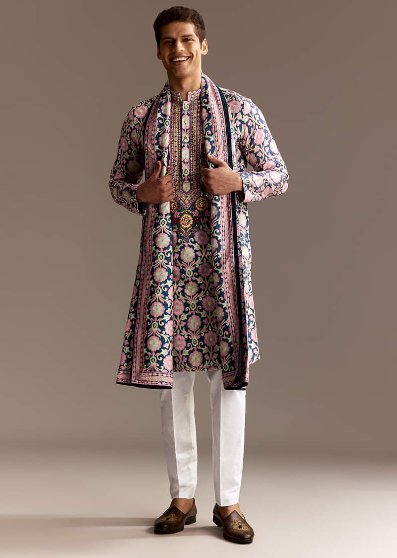Blue Printed Kurta Dupatta Set With Mirror Work - Image 5