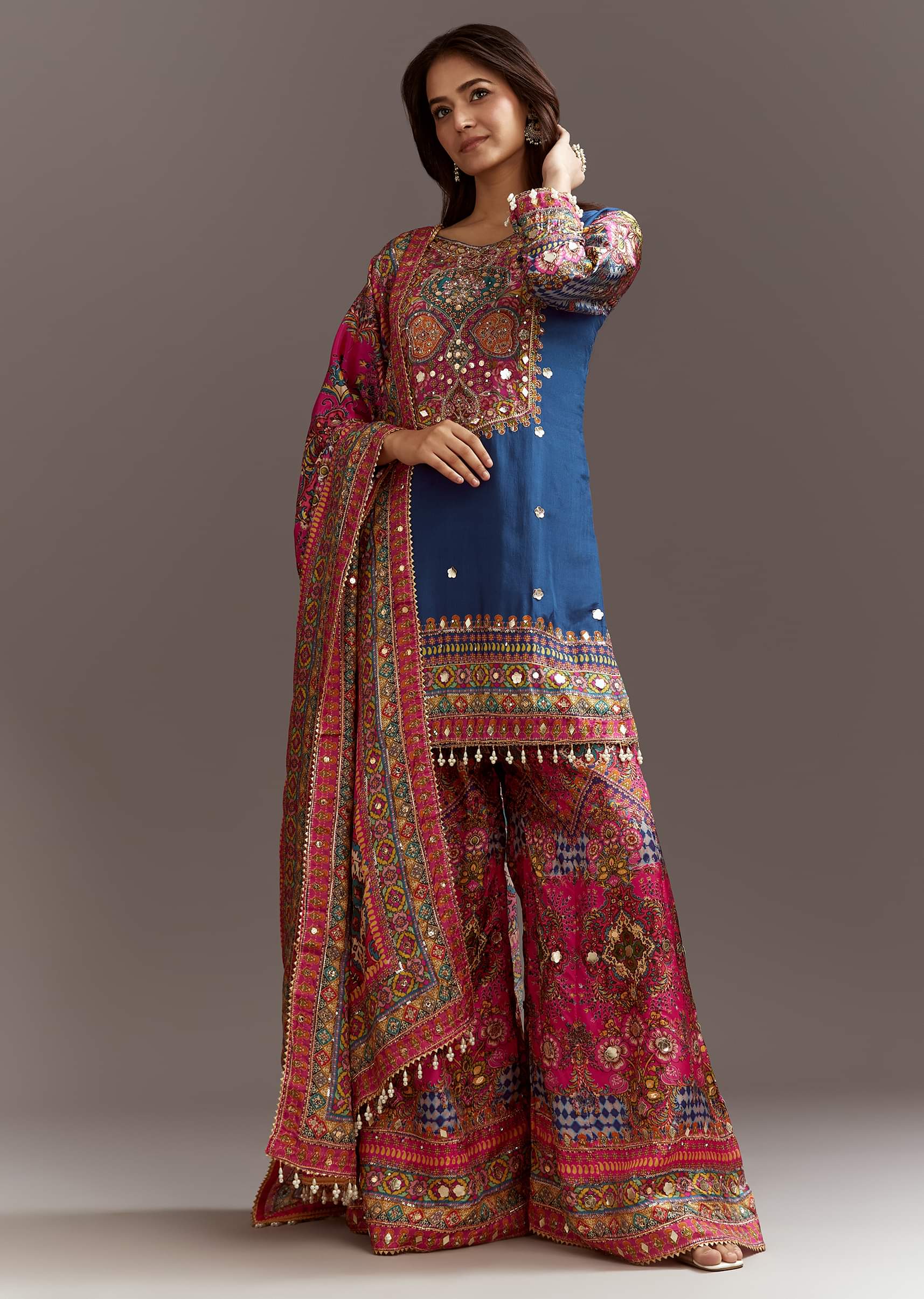 Blue Printed Kurta Palazzo Set With Gotta Lace And Sequins Work - Image 3