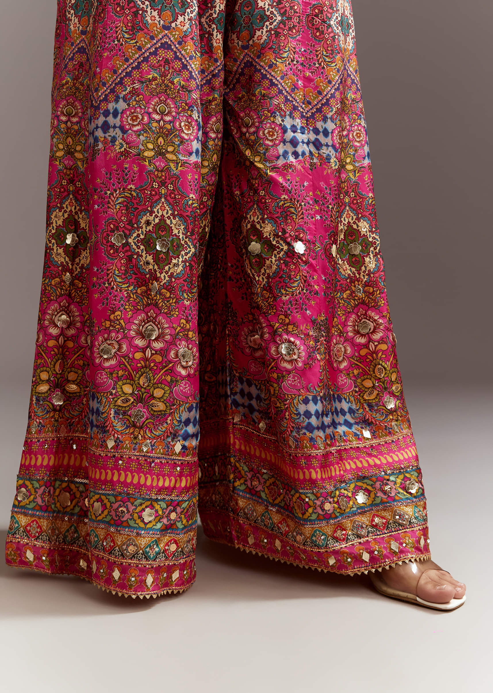 Blue Printed Kurta Palazzo Set With Gotta Lace And Sequins Work - Image 6