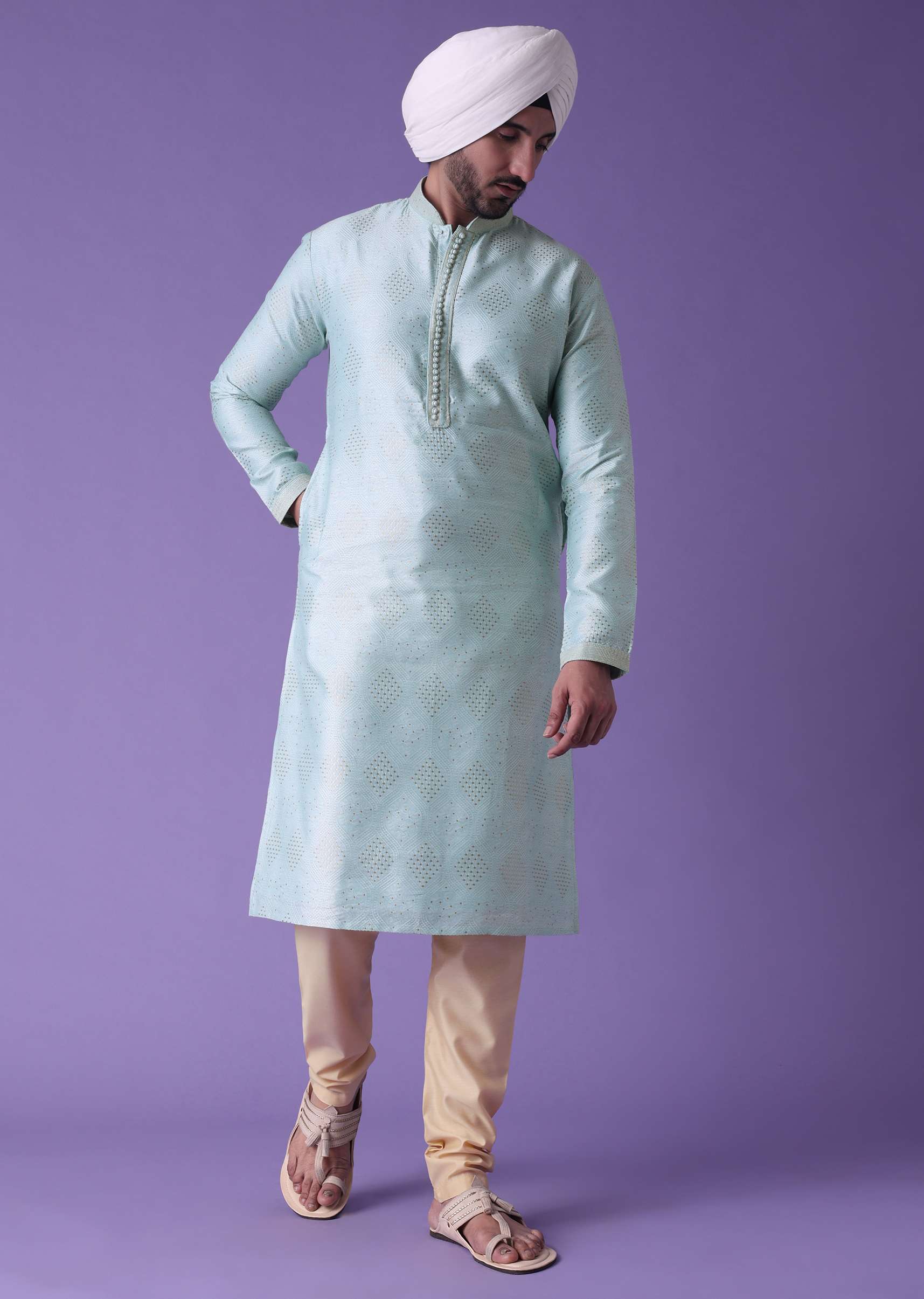 Blue Printed Kurta Set In Cotton Silk - Image 4