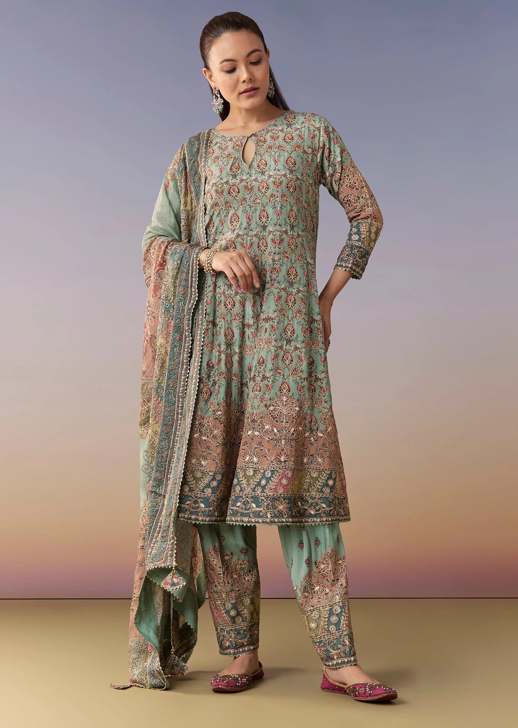 Blue Printed Kurta Set With Pant And Dupatta - Image 3