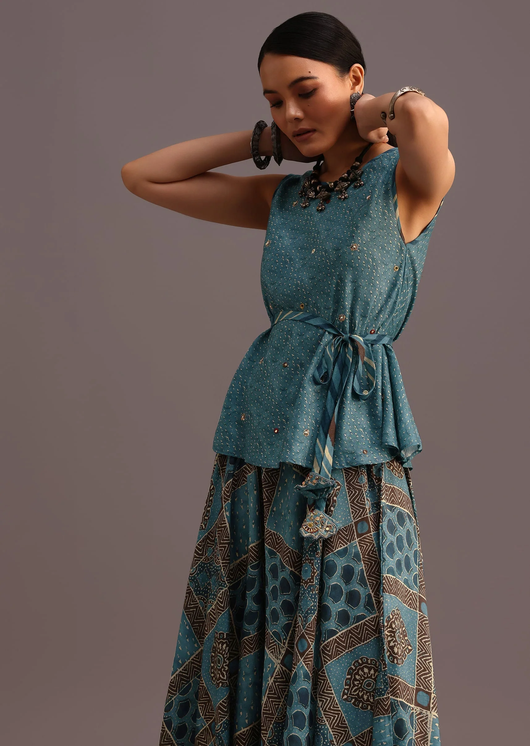 Blue Printed Kurti Palazzo Set With Embroidery - Image 2