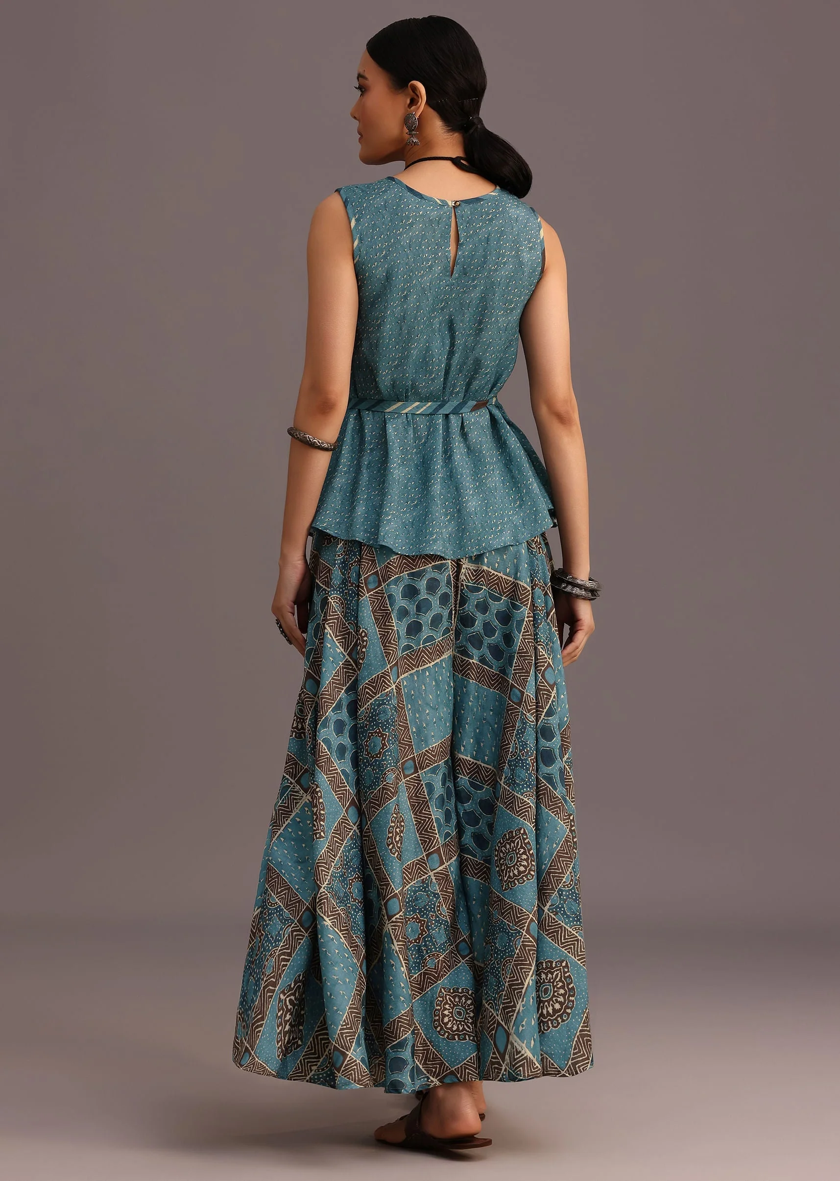 Blue Printed Kurti Palazzo Set With Embroidery - Image 5