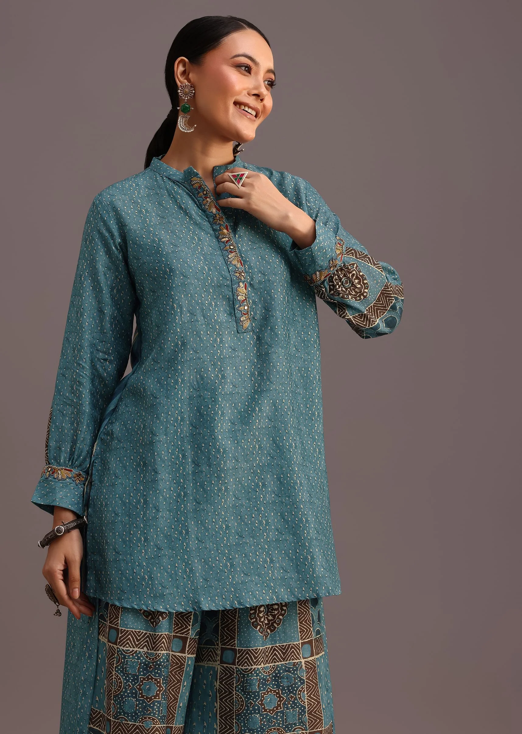 Blue Printed Kurti With Palazzo Set - Image 4