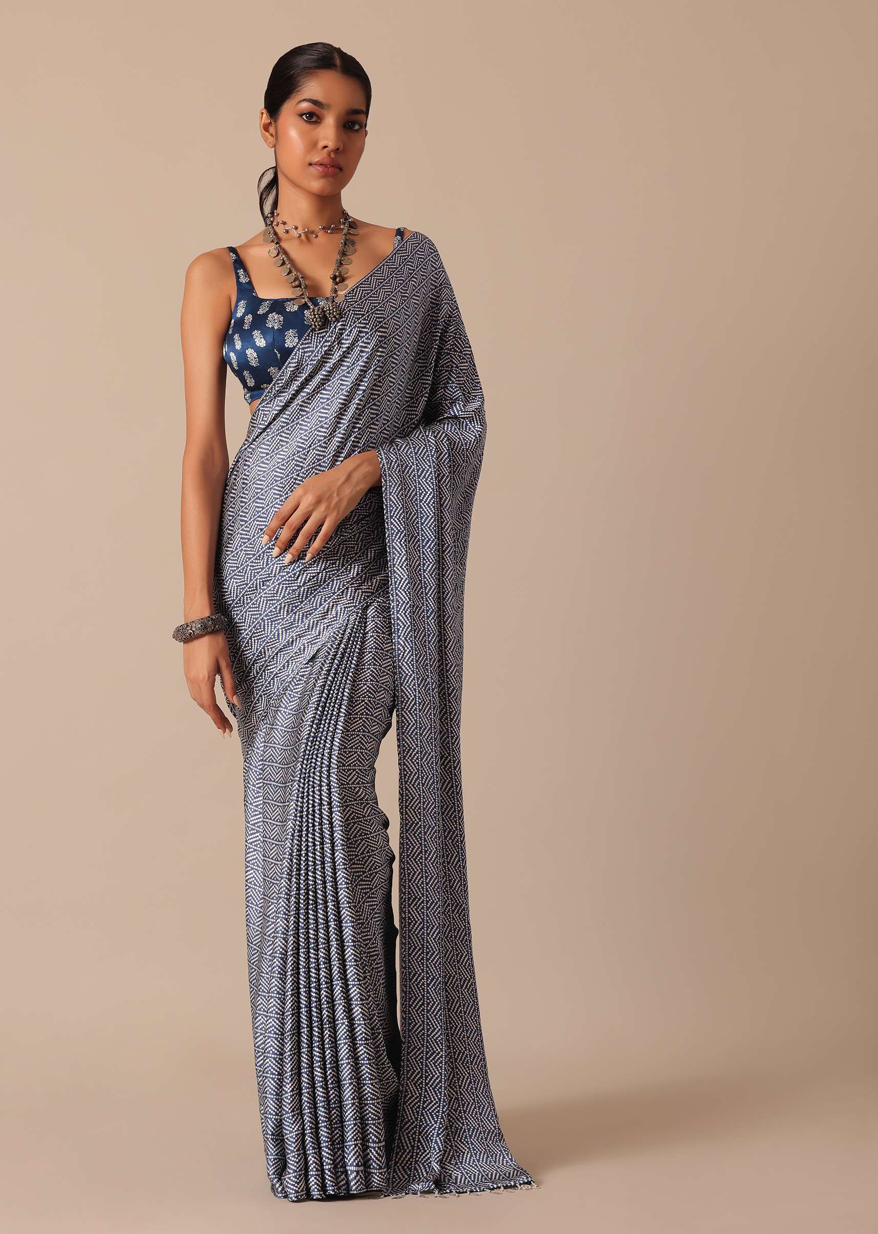 Blue Printed Saree In Satin With Tassel Detail And Unstitched Blouse Fabric - Image 3