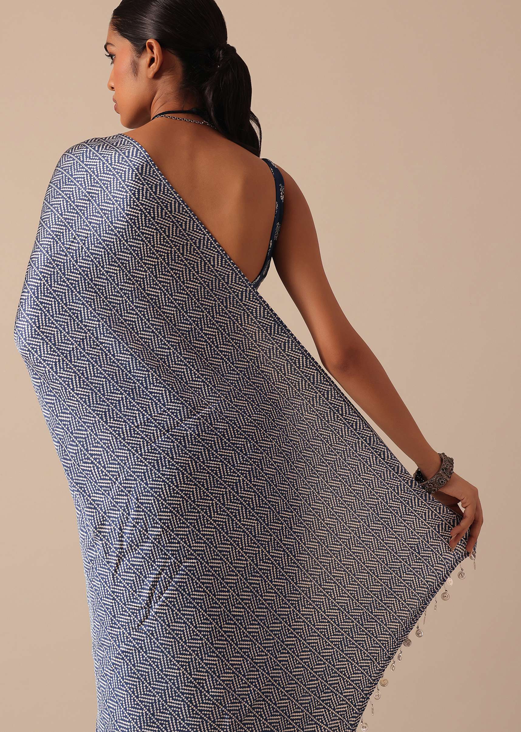 Blue Printed Saree In Satin With Tassel Detail And Unstitched Blouse Fabric - Image 6