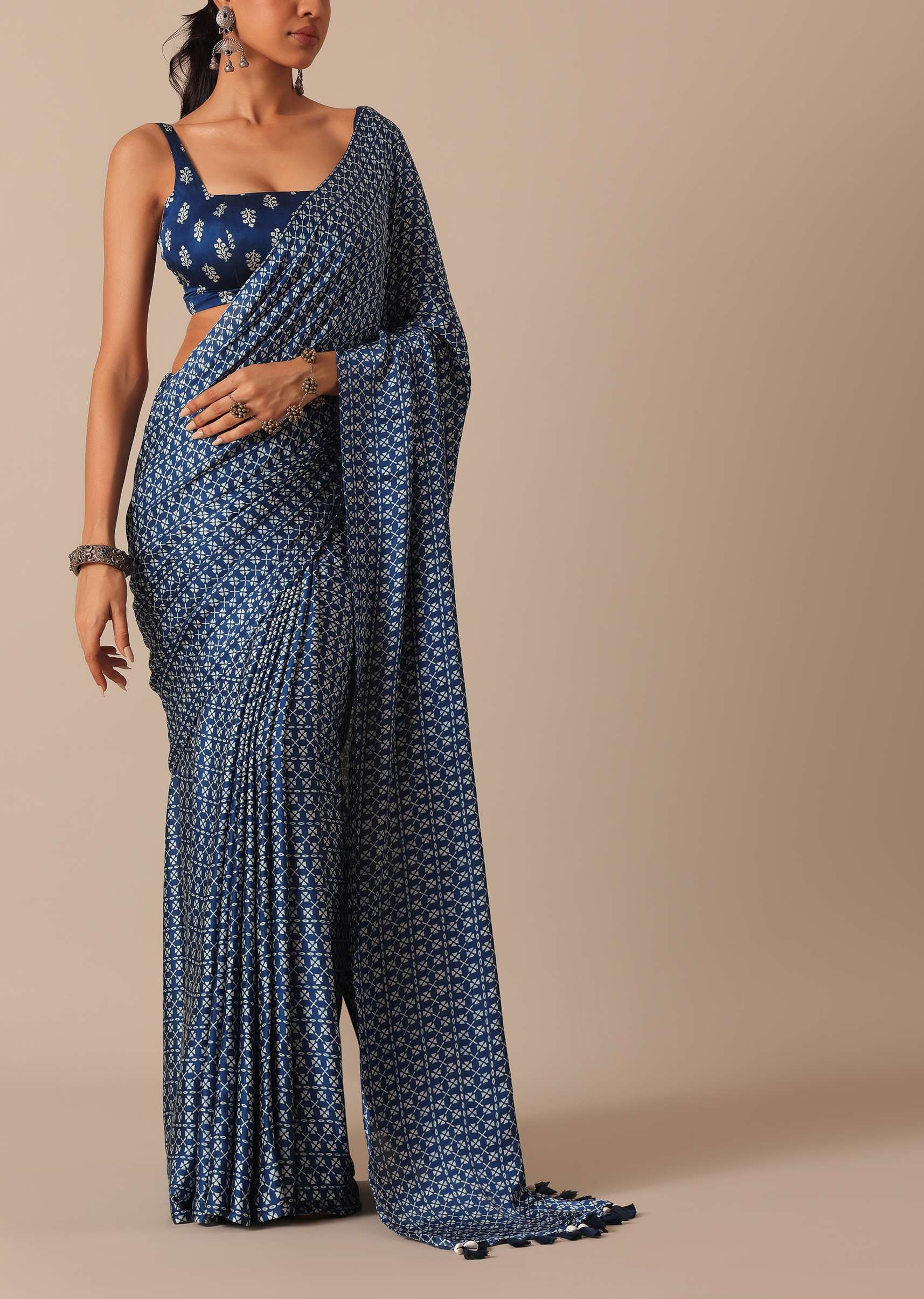 Blue Printed Saree In Satin With Tassel Pallu And Unstitched Blouse Piece - Image 3