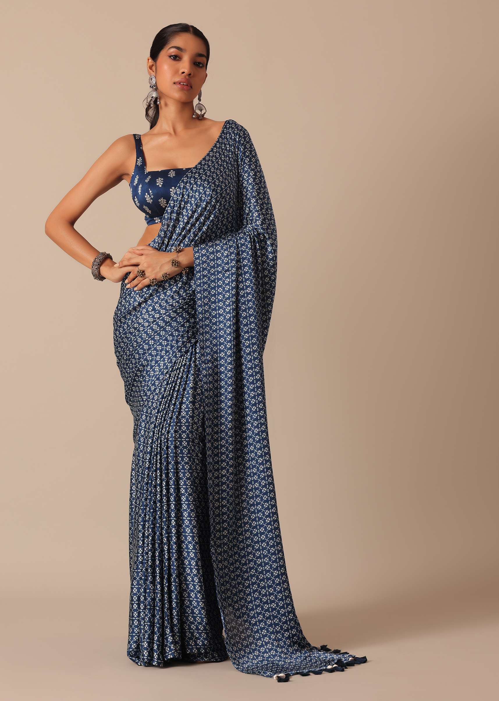 Blue Printed Saree In Satin With Tassel Pallu And Unstitched Blouse Piece - Image 6