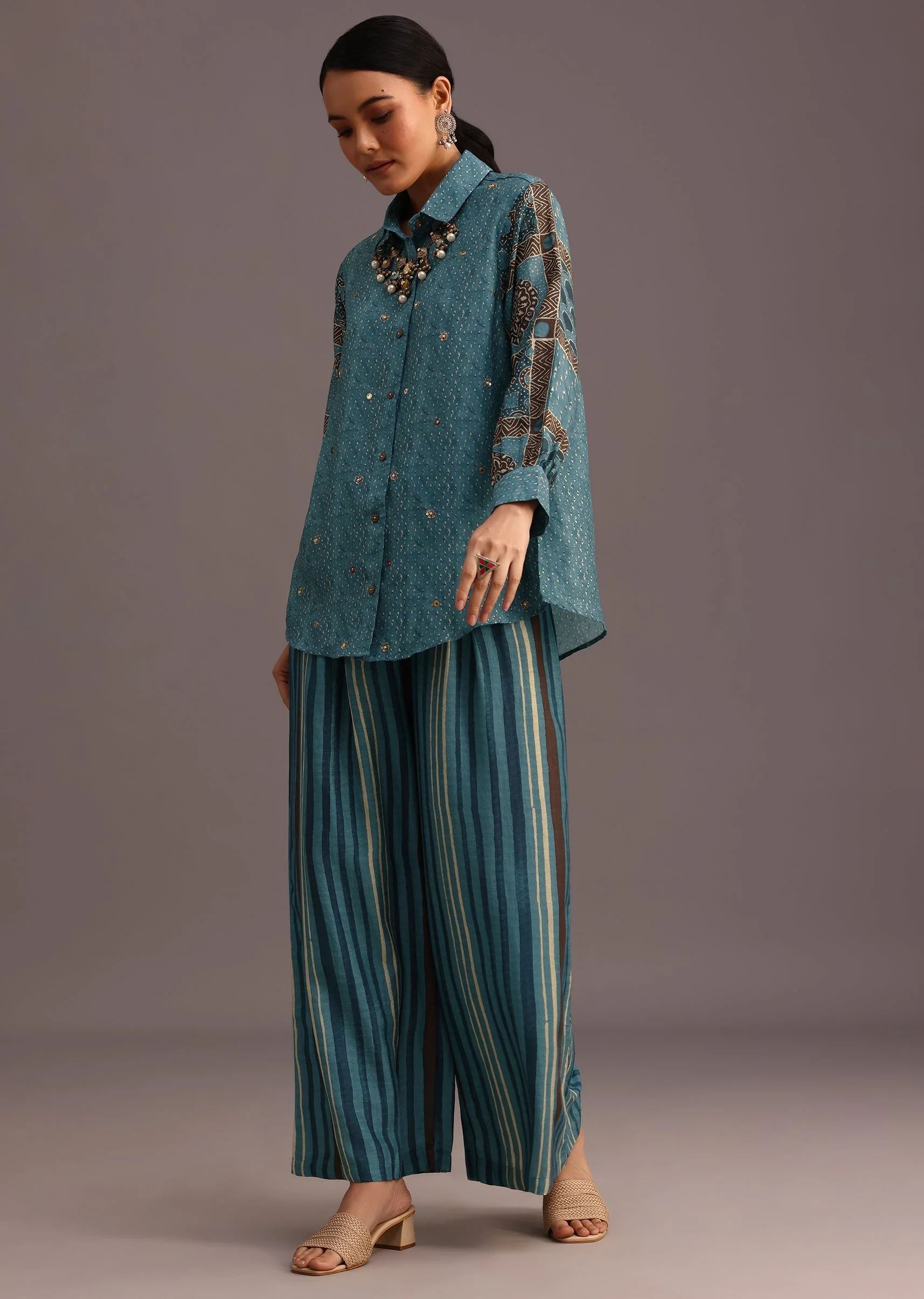 Blue Printed Shirt Palazzo Set With Embroidery - Image 3