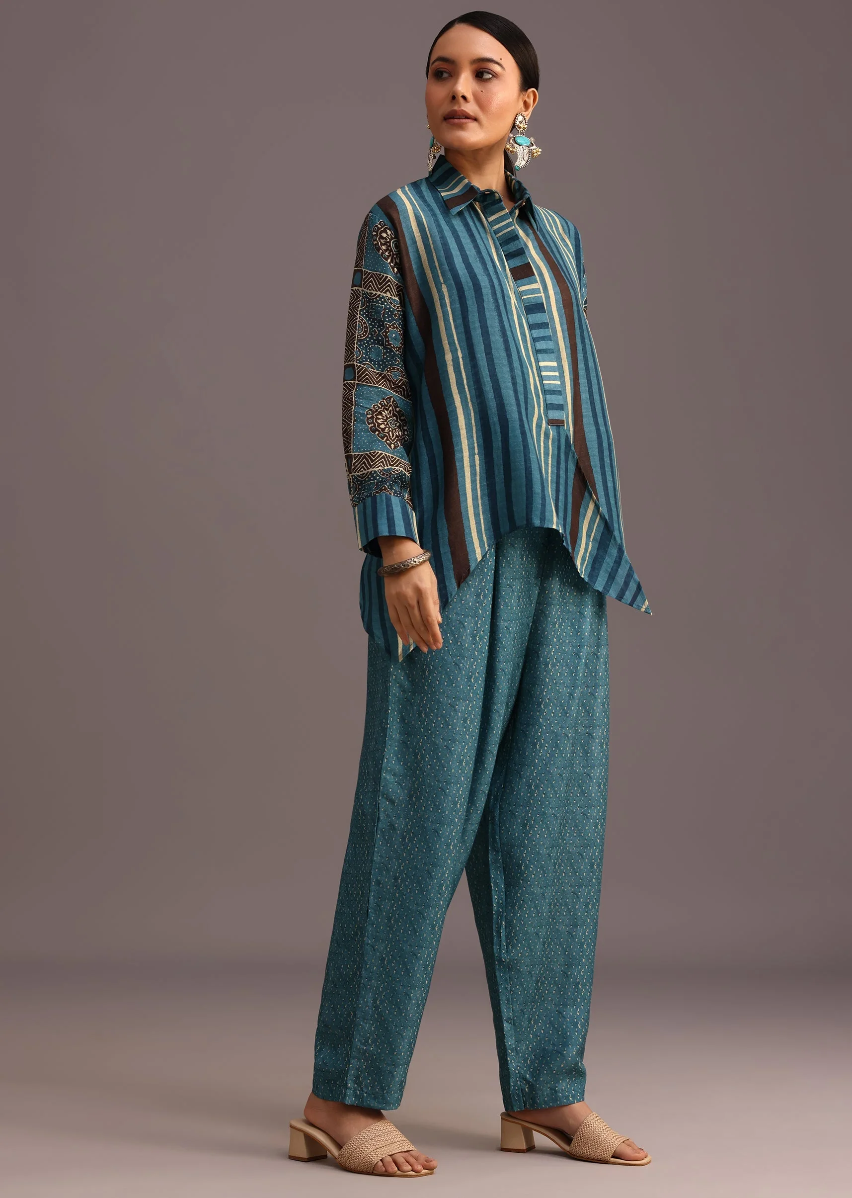 Blue Printed Shirt Salwar Set With Embroidery - Image 3