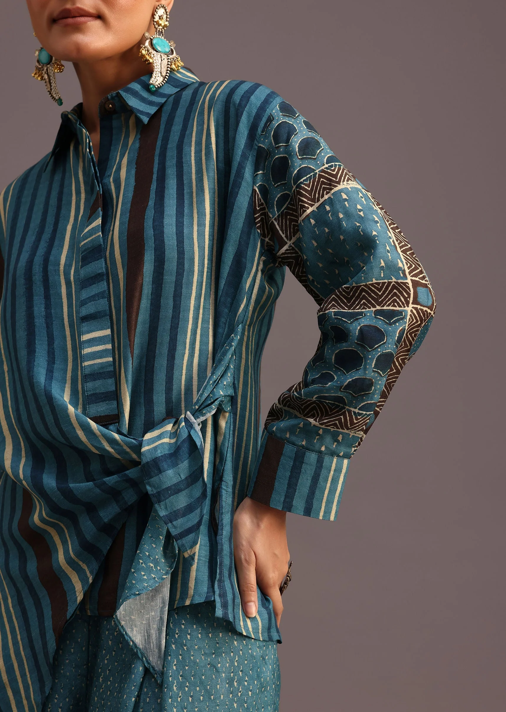 Blue Printed Shirt Salwar Set With Embroidery - Image 4