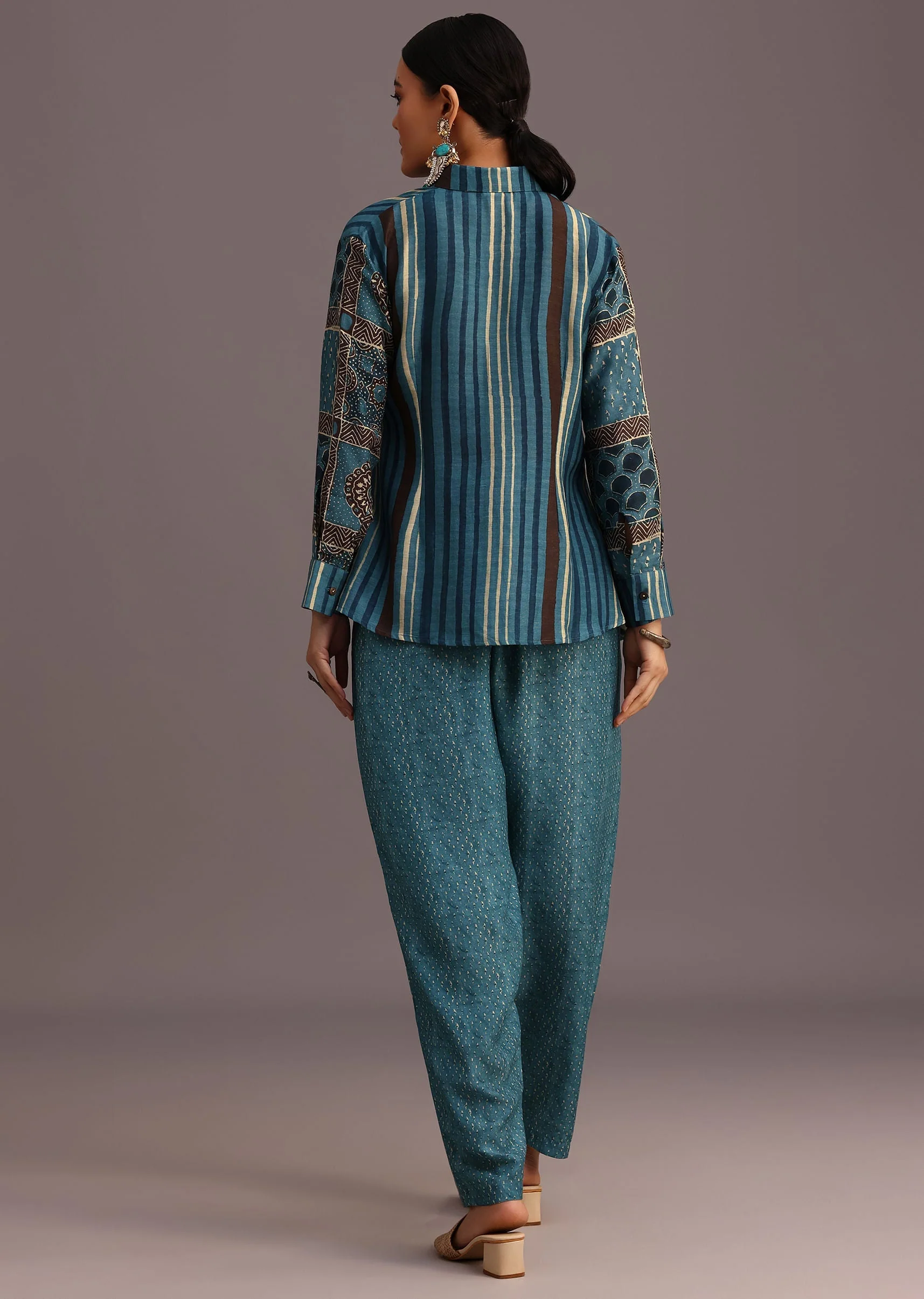 Blue Printed Shirt Salwar Set With Embroidery - Image 5