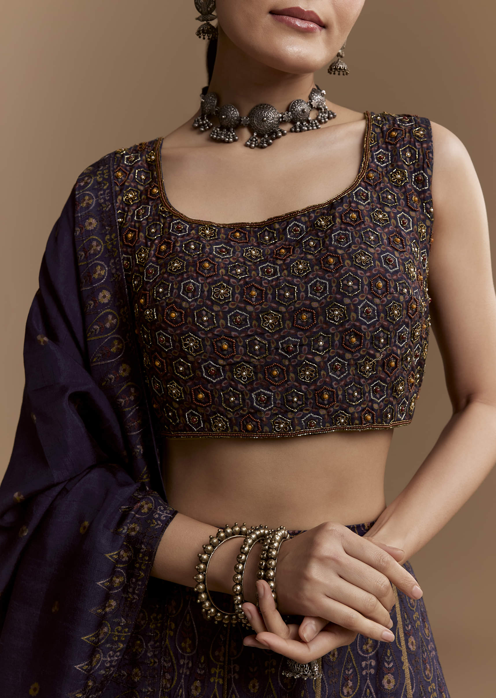 Blue Printed Silk Bridesmaid Lehenga Set with Cutdana Blouse - Image 3