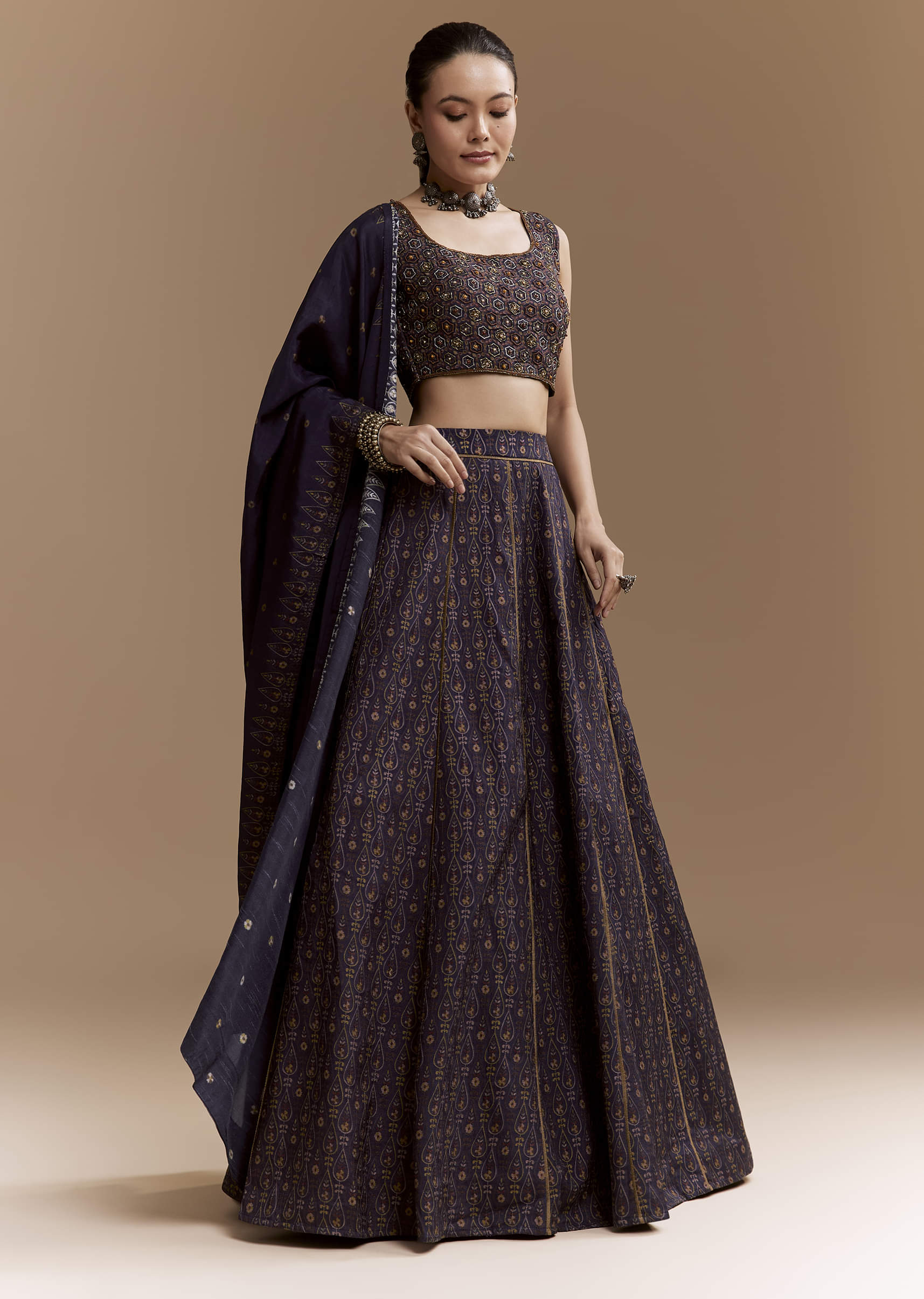Blue Printed Silk Bridesmaid Lehenga Set with Cutdana Blouse - Image 4