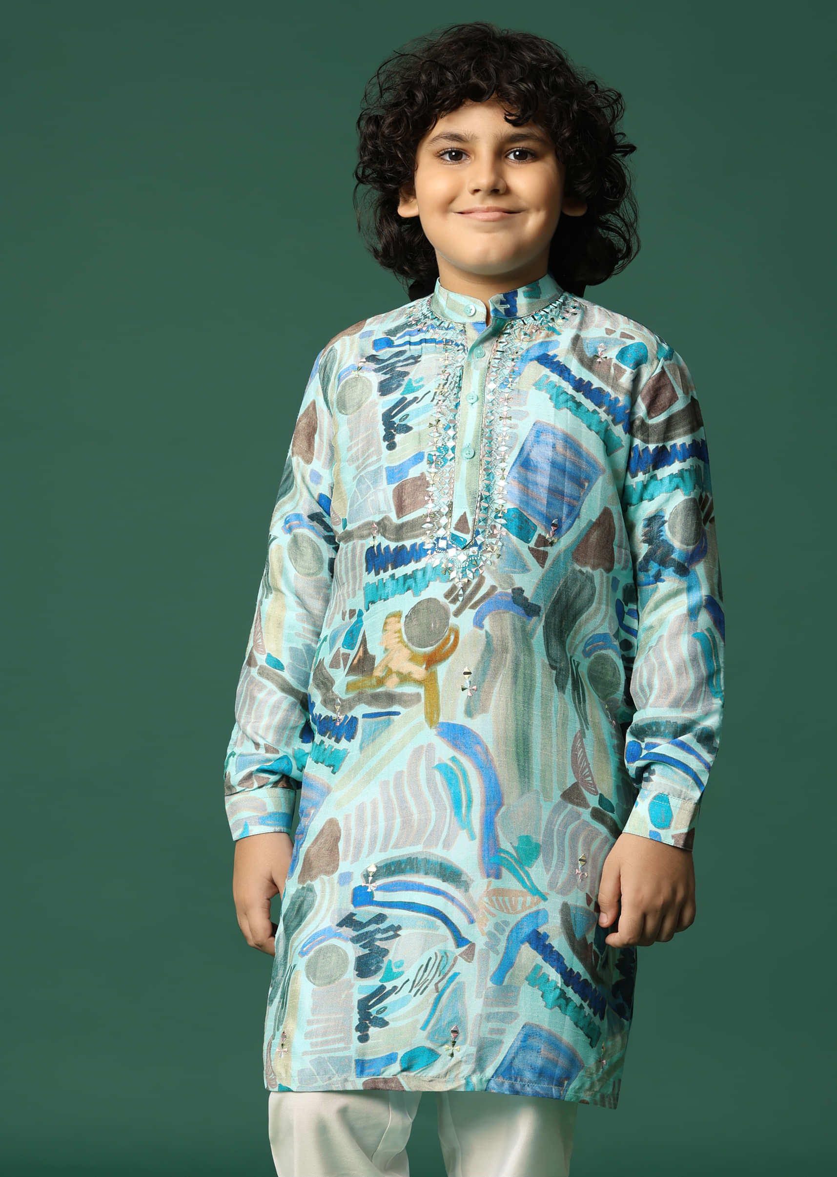 Blue Printed Silk Kurta Pant For Boys - Image 2