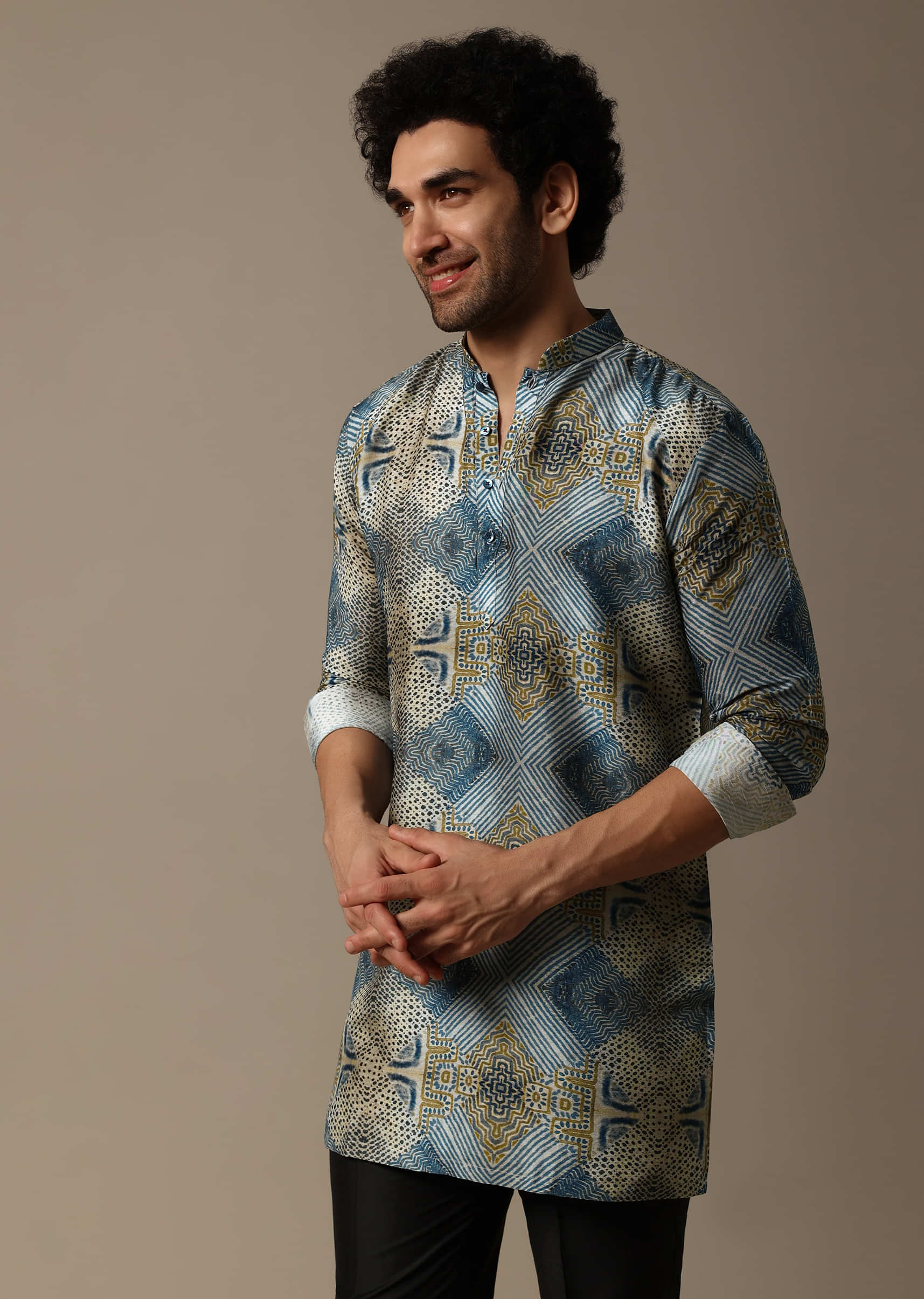 Blue Printed Silk Short Kurta Set For Men - Image 2